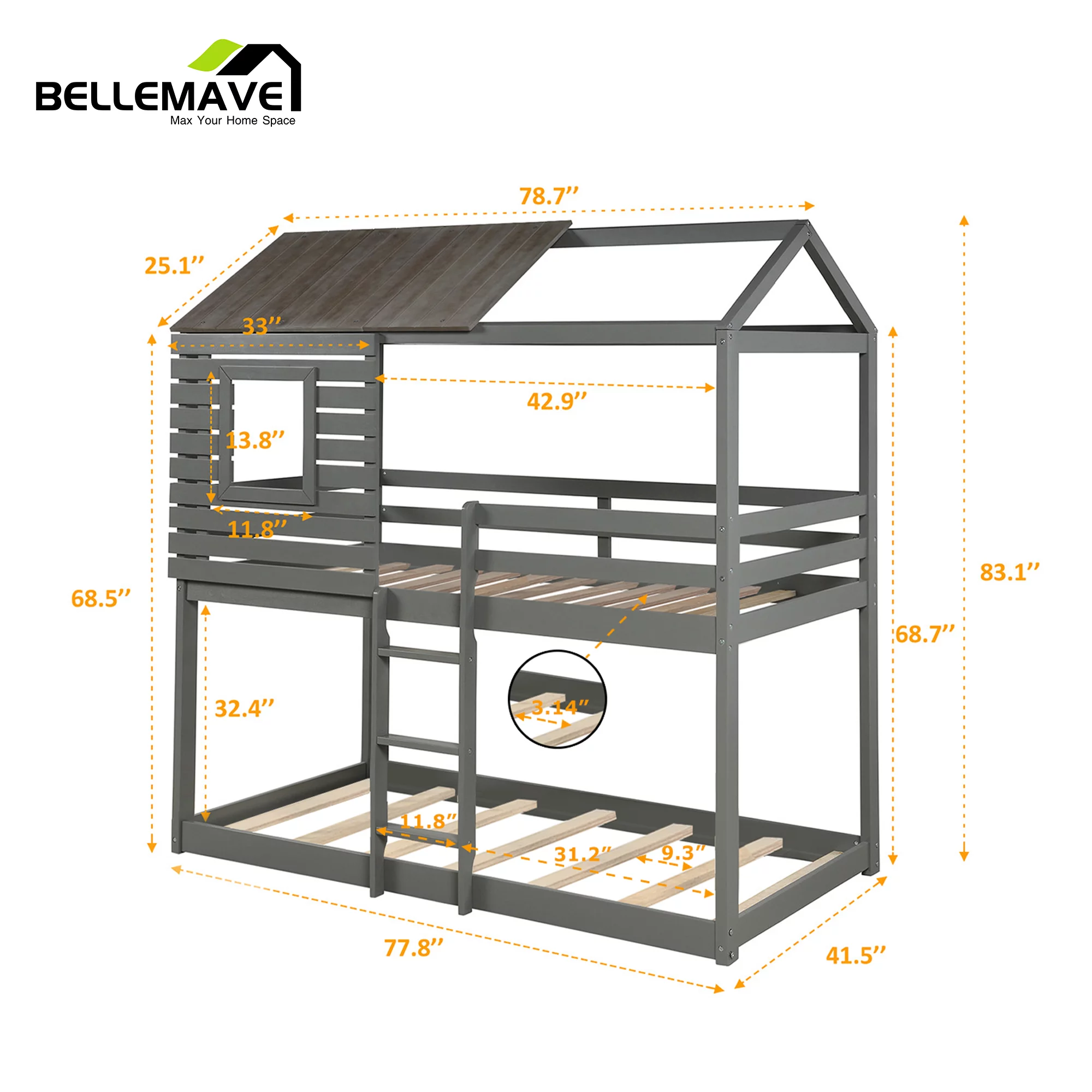 Bellemave Twin over Twin Bunk Bed for Kids, Twin House Bunk Bed with Roof, Window, Guardrail and Ladder, Low House Bunk Bed/Wood Playhouse Bunk Bed for Kids, Girls, Boys(Gray)