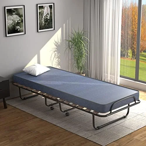 YZboomLife Folding Rollaway Bed with Mattress  Foldable Bed with Memory Foam Mattress for Adults  Portable Fold Up Guest Bed with Sturdy Steel Frame on Wheels for Home & Office  Made