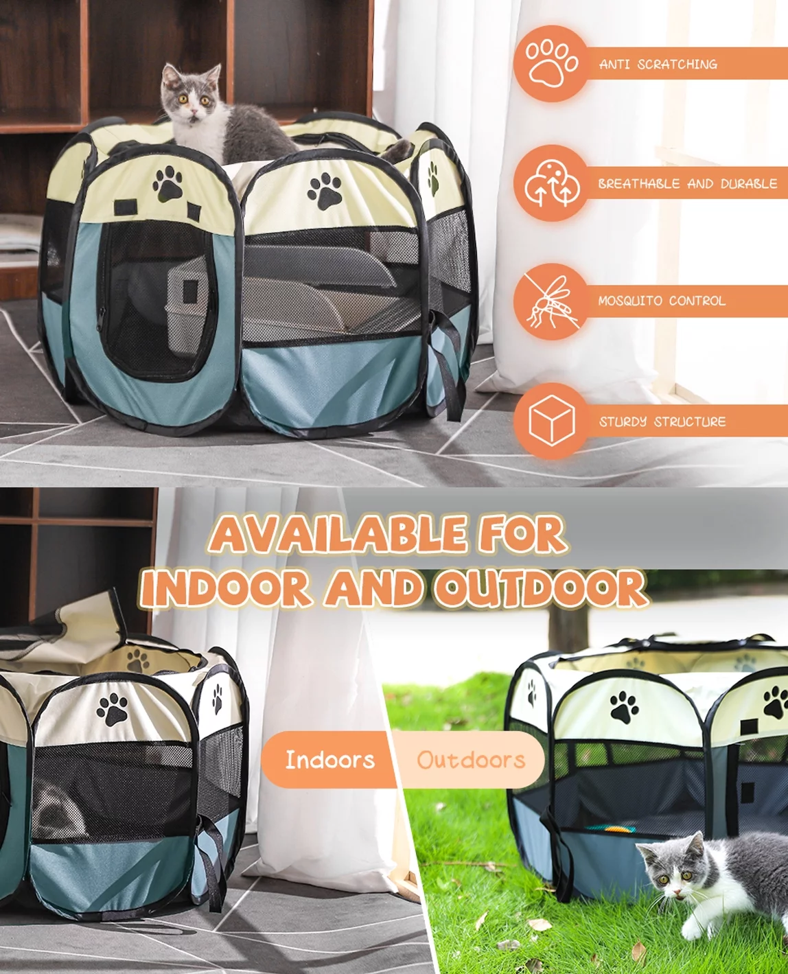 Large Cat Playpen Dog Playpen Cat Tent Puppy Playpen Indooor,Dinosam Cat Cage Indoor with Mesh Outdoor Kitten Playpen for Indoor Cats Pen for Puppys Small Dogs,White & Gray