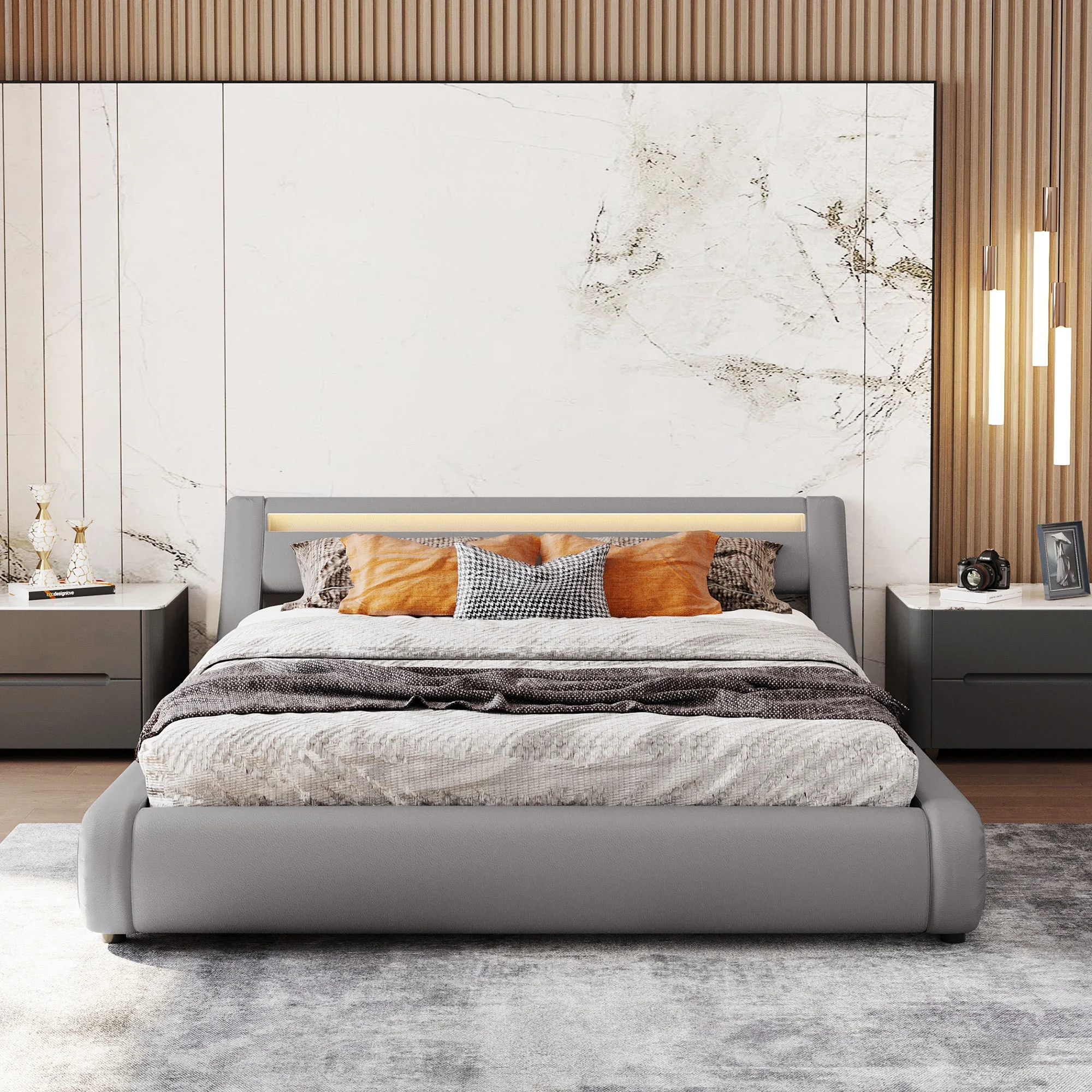 Modern Faux Leather Platform Bed with Hydraulic Storage and LED Light Headboard - Queen Size