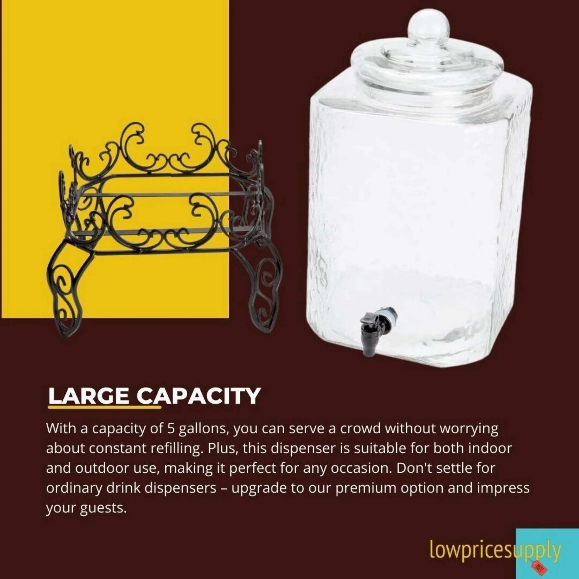 5 Gallon Hammered Glass Beverage Dispenser with Metal Stand - COMPLETE SET