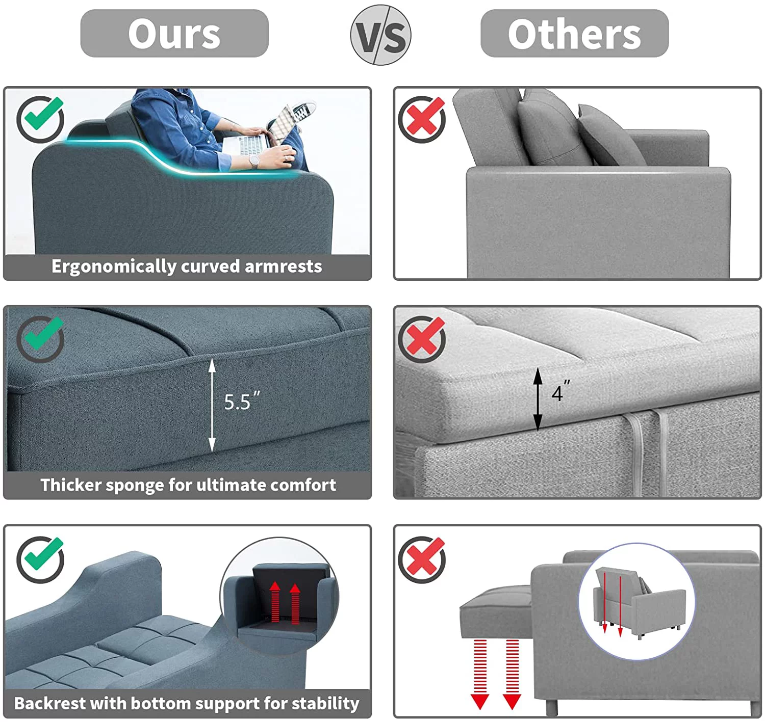 Homrest 3-in-1 Convertible Chair Multi-Functional Sofa Bed Adjustable Recliner(Blue Grey)