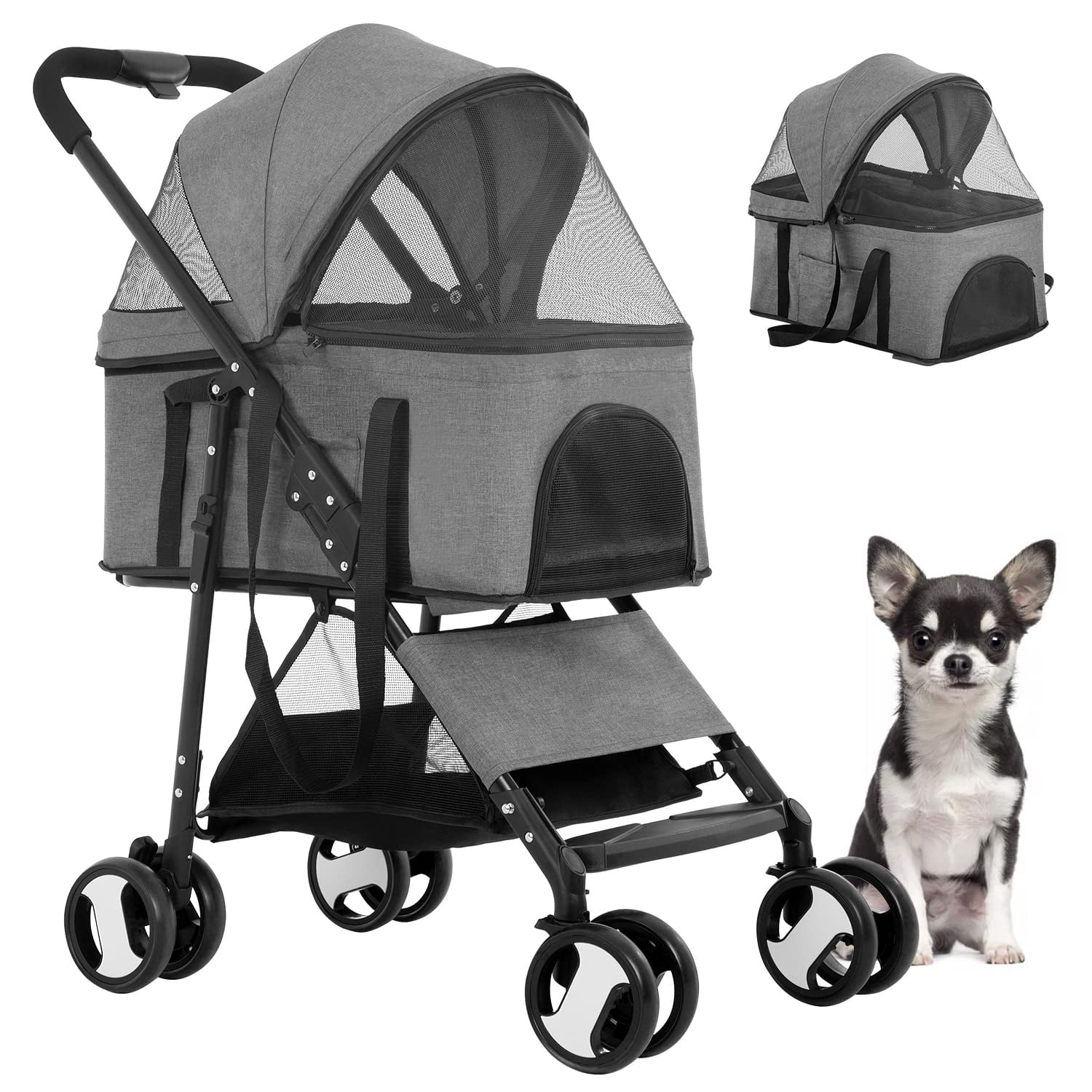 BestPet 3-in-1Pet Stroller Premium Multifunction Dog Cat with Detachable Carrier &Cup Holder,Grey