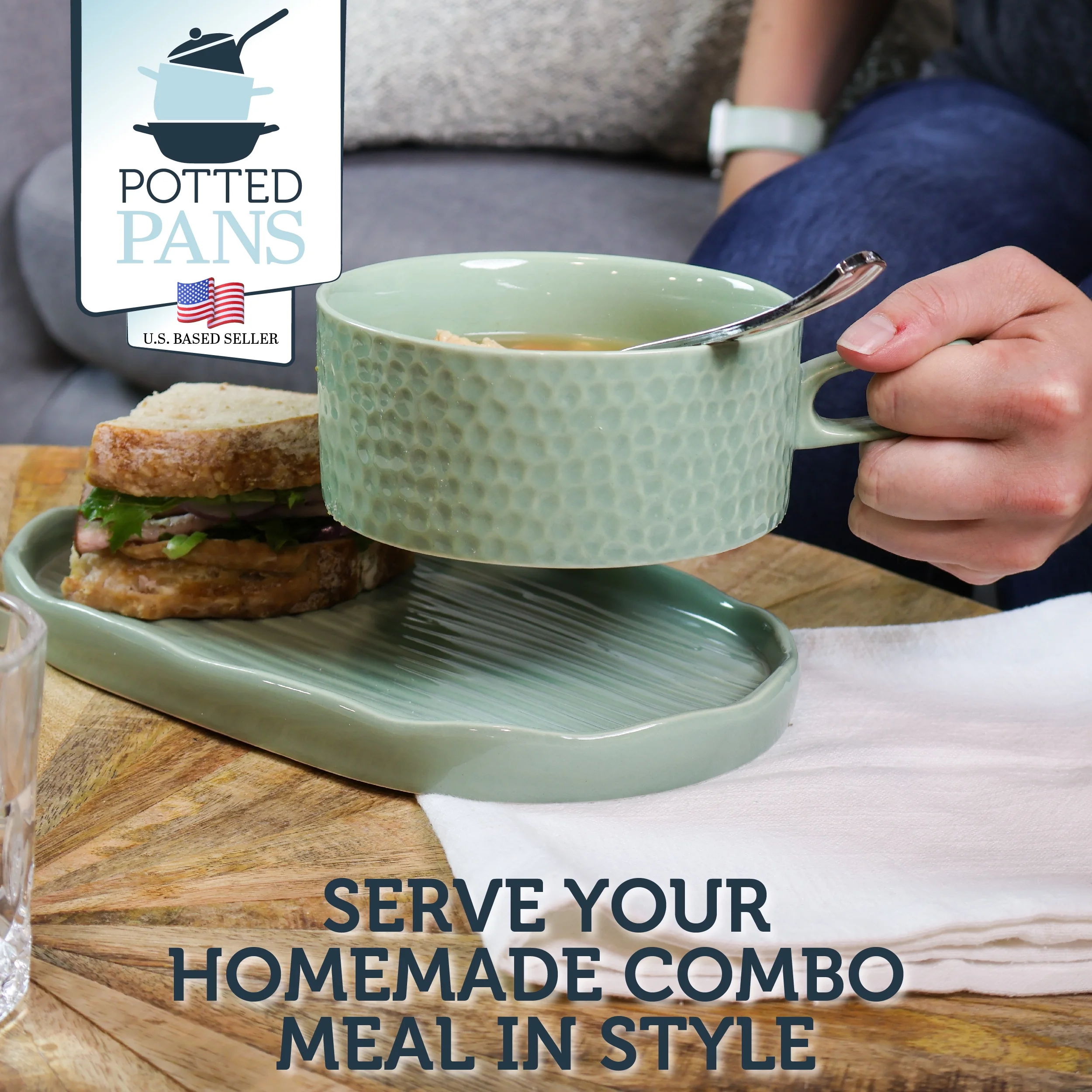 Potted Pans Soup and Sandwich Set of 1 - 16oz Mint Soup Bowl with Serving Plate