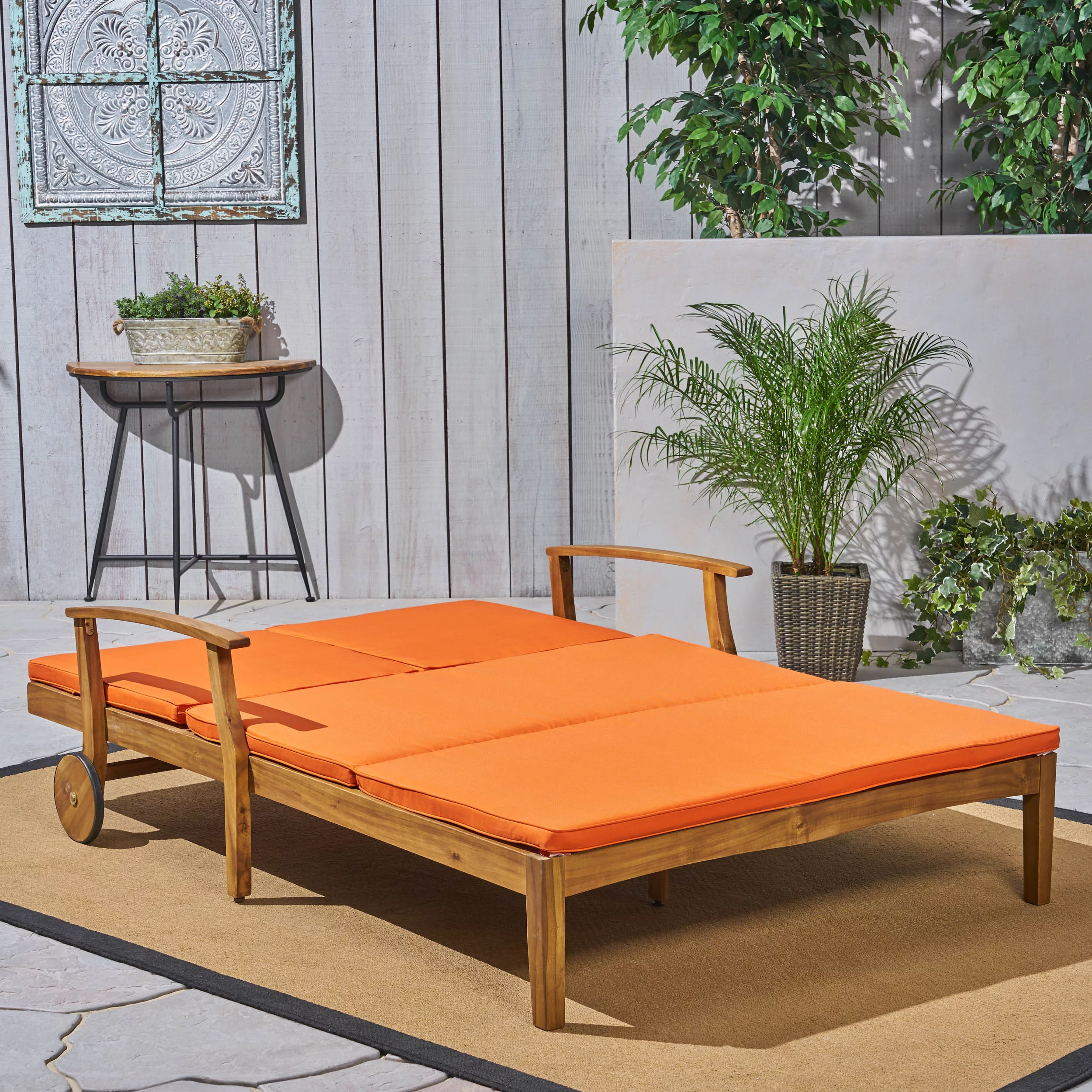 Danielle Outdoor Acacia Wood Double Chaise Lounge with Cushion, Teak, Orange
