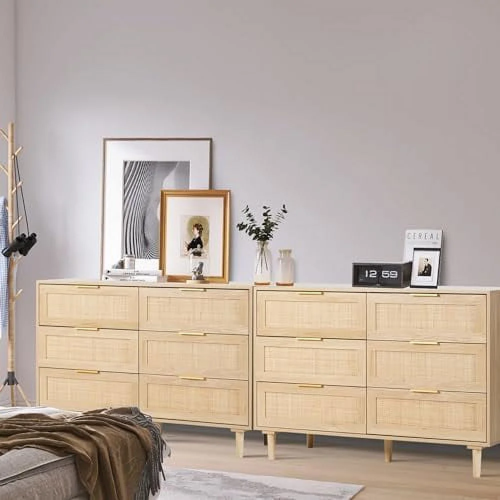 6 Drawer Dresser Rattan Dresser  Chest with Drawers Wood  Closet Dressers Chest of Drawers for Bedroom Living Room Hallway (Natural)