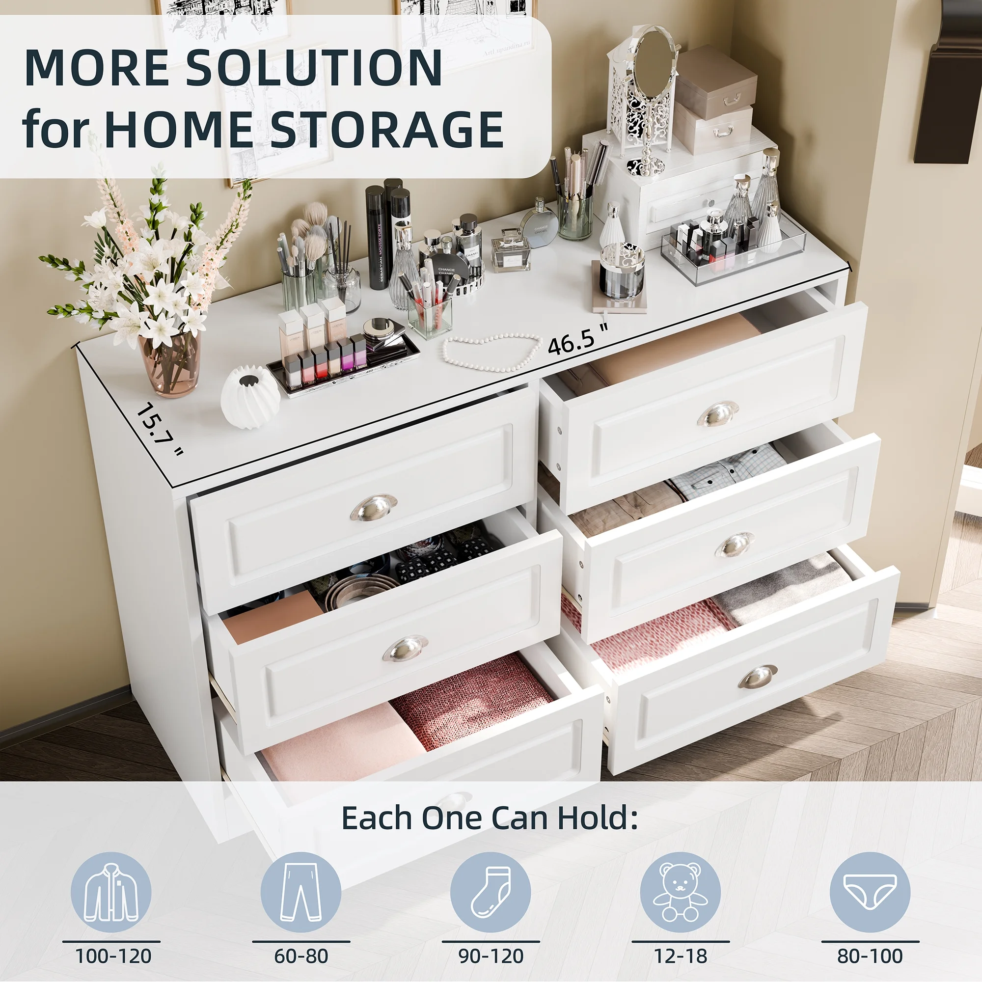 Walsunny 6 Drawer Double Dresser White Wooden Wide Chest of Drawers with Metal Handles Storage Organizer Dresser Nursery Dresser for Living Room Hallway