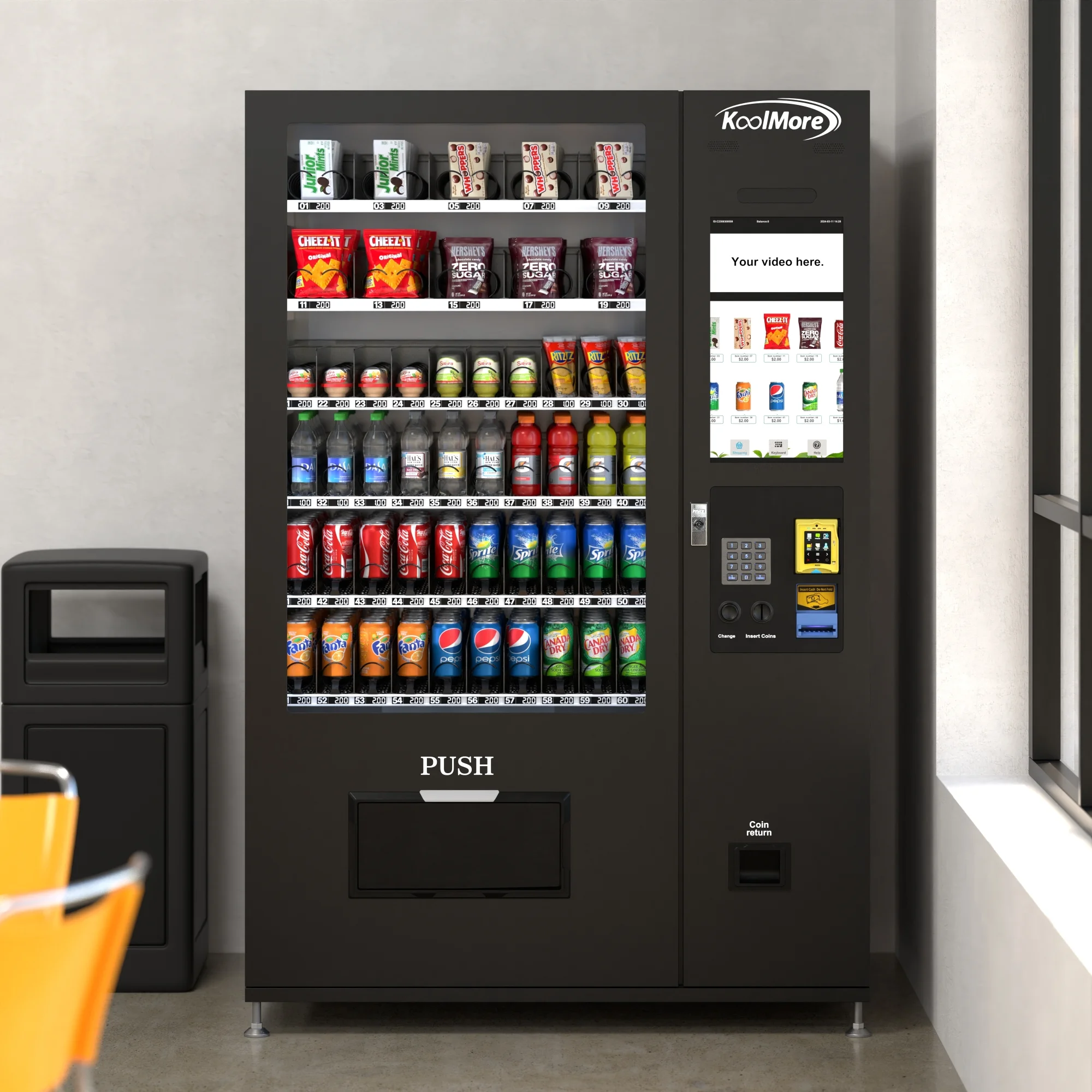 Refrigerated Snack Vending Machine with 60 Slots and 22 Inch Touch Screen With CC Reader and Bill Acceptor in Black (KM-VMRT-50-BR)