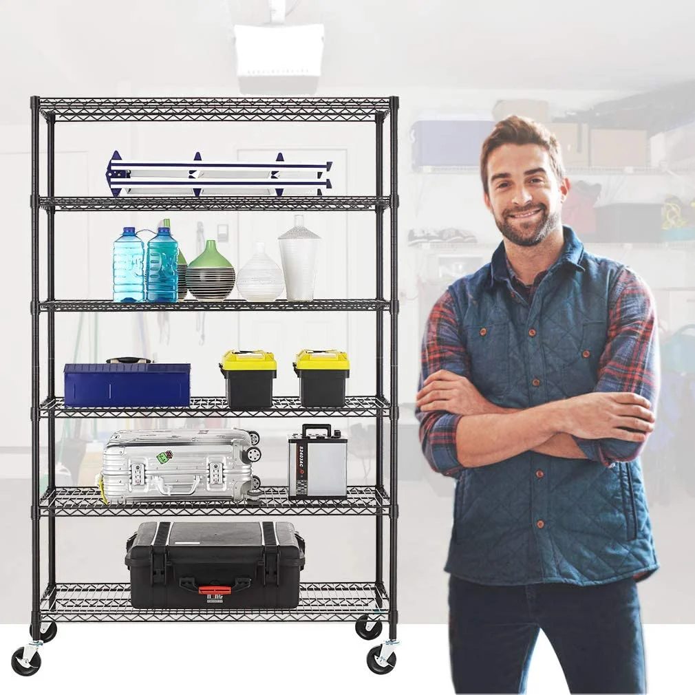 BestOffice 18x48x78 Wire Shelving with Wheels 6-Shelf Adjustable Heavy Duty Storage Shelves Metal Shelves Storage Unit Shelf,6000 LBS (Black)