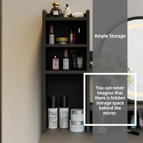 HBBOOMLIFE FUFU&GAGA Vanity Set with Round Mirror  Makeup Vanity Dressing Table with 5 Drawers  Shelves  Dresser Desk and Cushioned Stool Set (Black/Lighted Mirror)