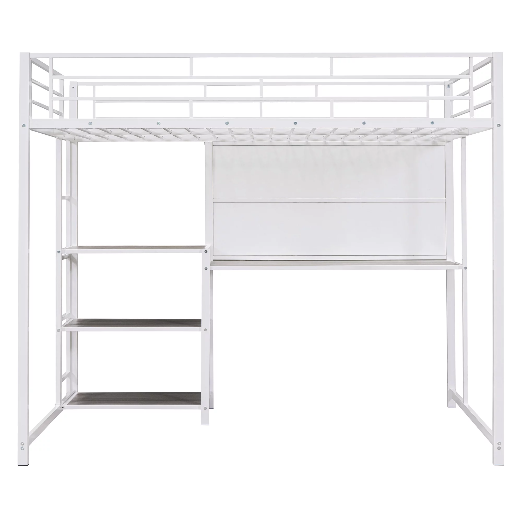 Sesslife Loft Bed for Kids, Full Size Loft Bed Frame with Desk and Whiteboard, Modern Metal Loft Bed with 3 Shelves and Ladder, White