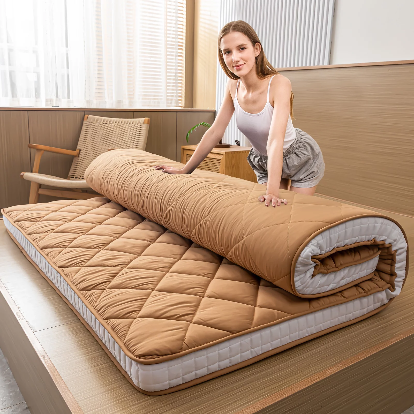 Diamond Patterned Futon Mattress, Extra Thick Japanese Floor Mattress Quilted Mattress Topper, Folding Floor Lounger Guest Bed Padded Sleeping Pad for Touring Car Camping