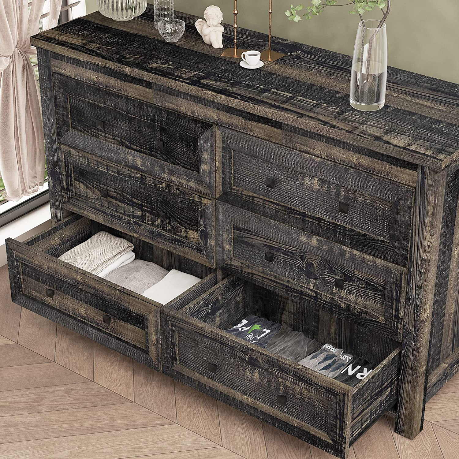 6 Drawer Dresser Chests Farmhouse Storage Chest of Drawers Wood Dresser with Metal Handles Dressers Organizer for Bedroom  Living Room Hallway Dark Rustic Oak
