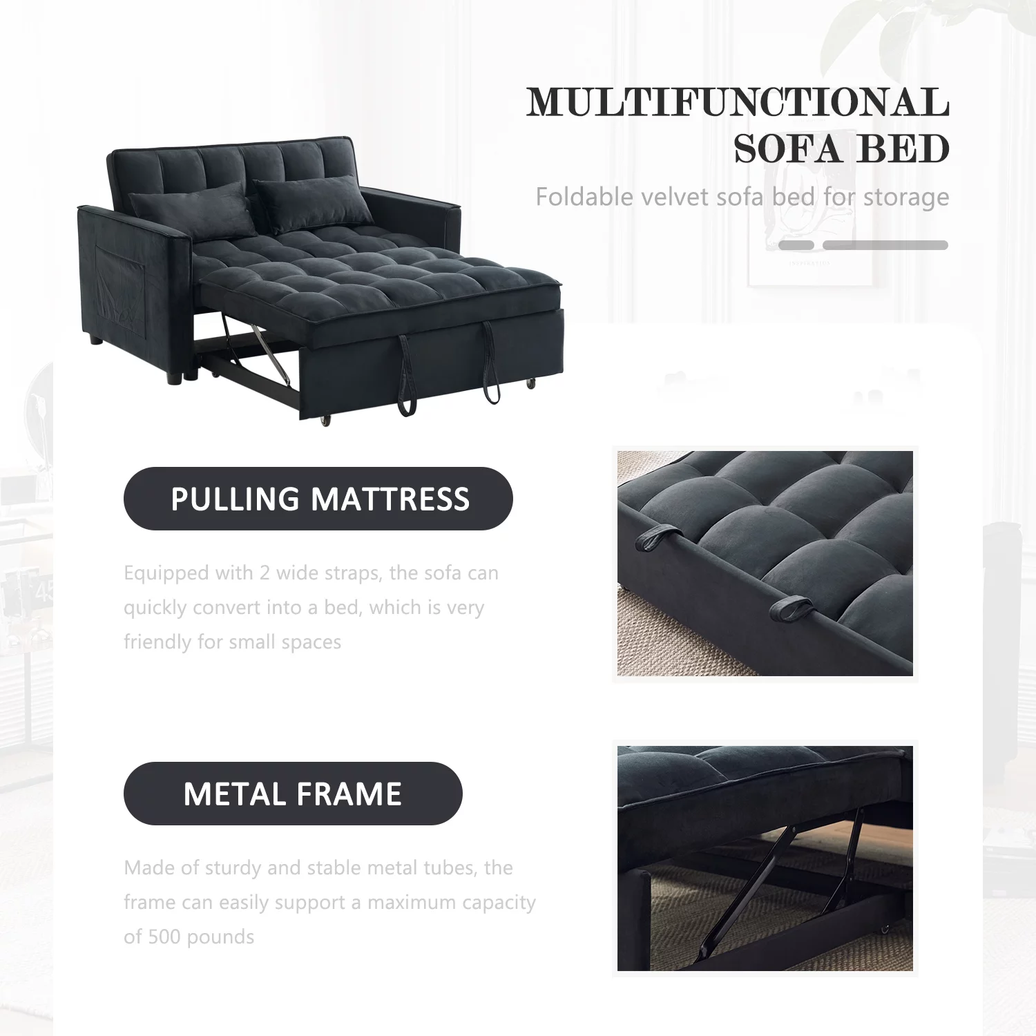 Tzicr 55.5'' 3-in-1 Convertible Sleeper Sofa Bed, Modern Velvet Loveseat Futon Couch Pullout Bed with Adjustable Backrest, Side Storage Pockets and Pillows. (Black)