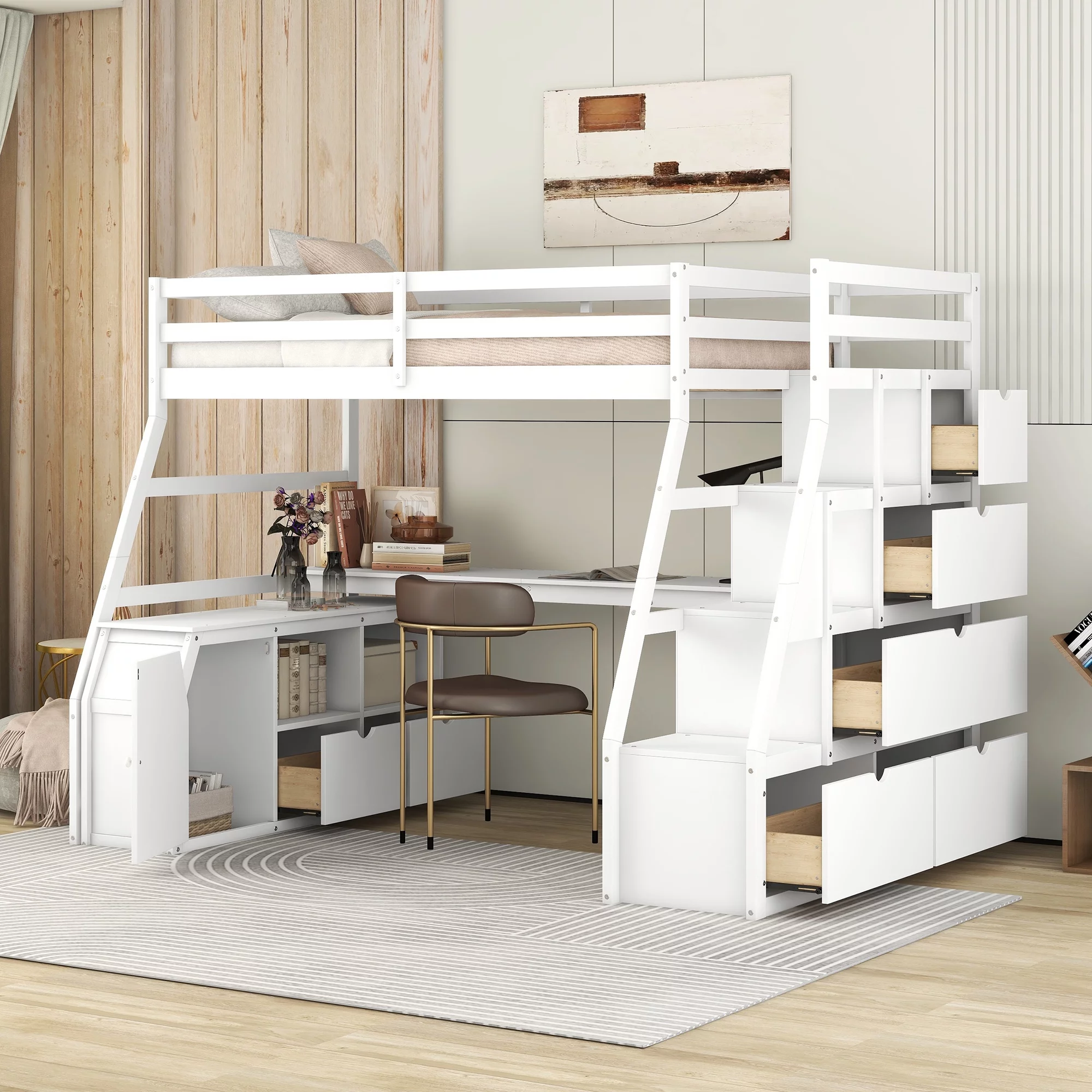 Twin Size Loft Bed Frame with 7 Drawers 2 Shelves and Desk, Health and Comfort Storage Shelves and Writing Desk, Wooden Loft Beds with Stairway, High Loft Bed for Kids Boys (White,Twin)