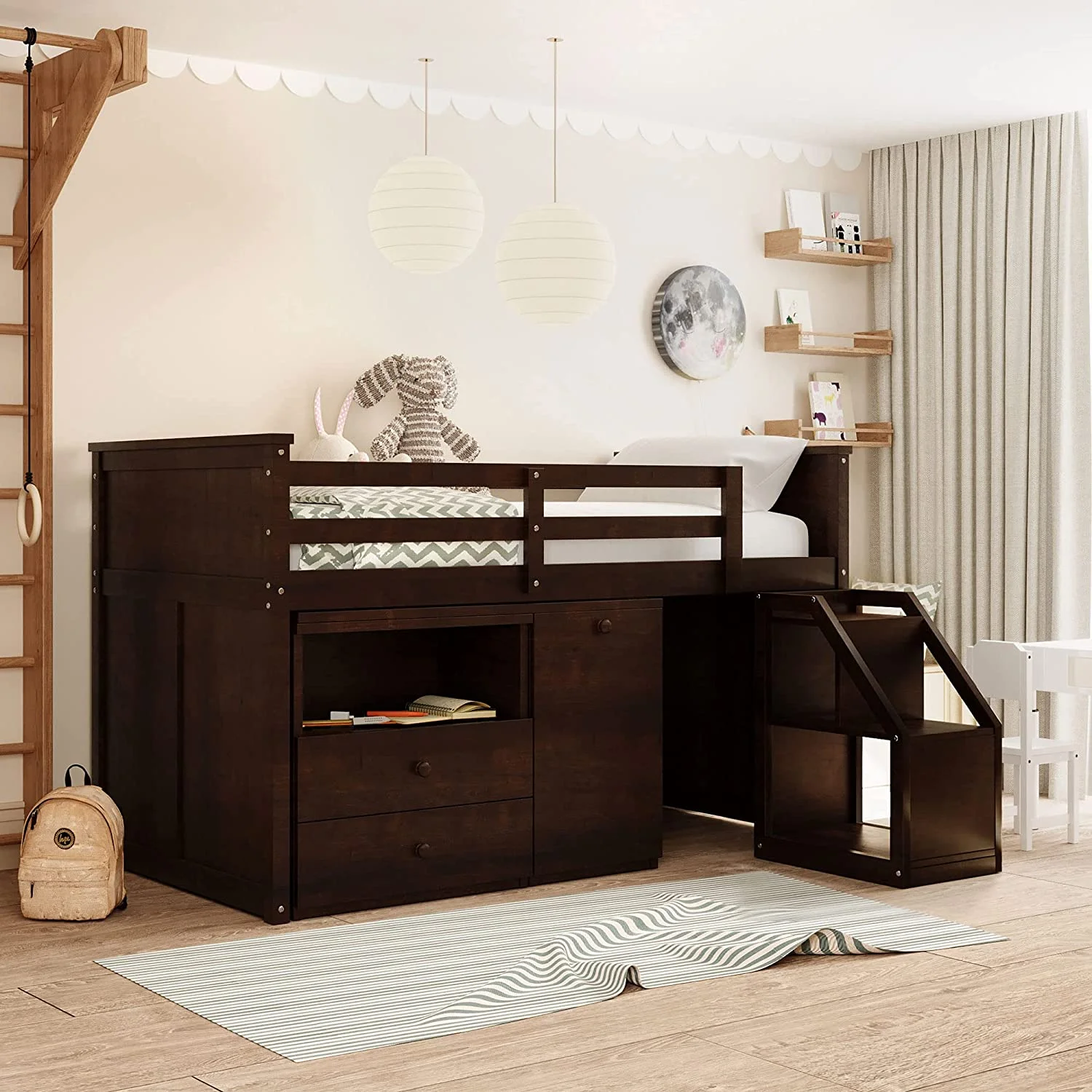 Low Loft Bed With Portable Desk And Stairs, Wood Size Loft Bed Frame With Storage Cabinets, Low Study Kids Loft Bed Frame For Bedroom Furniture (, Espresso)