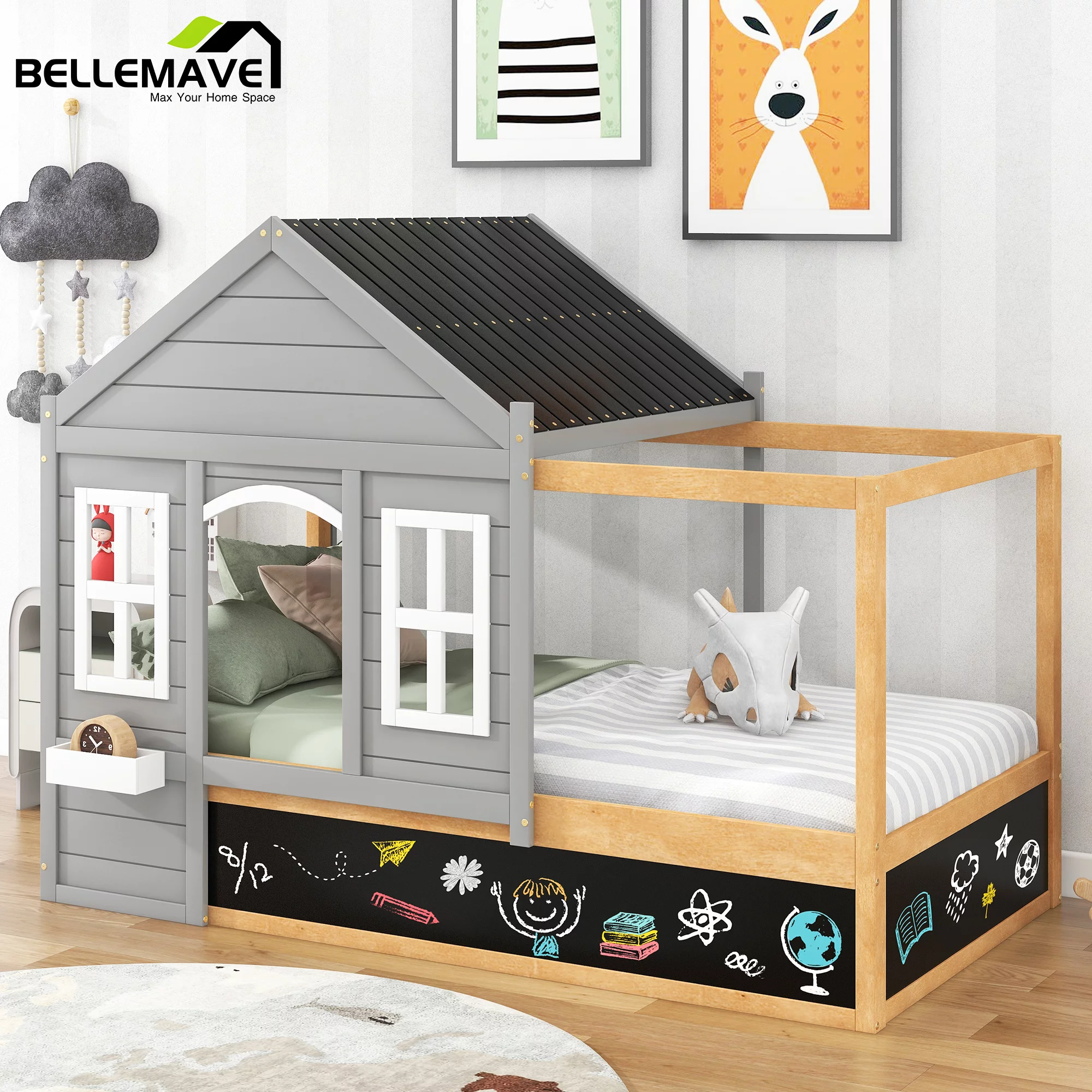 Bellameve Gray Twin Size Kids Canopy Platform Bed with Roof, Window, Blackboard and Little Shelf, Wood House Shaped Kids Platform Bed Daybed for Bedroom Living Room