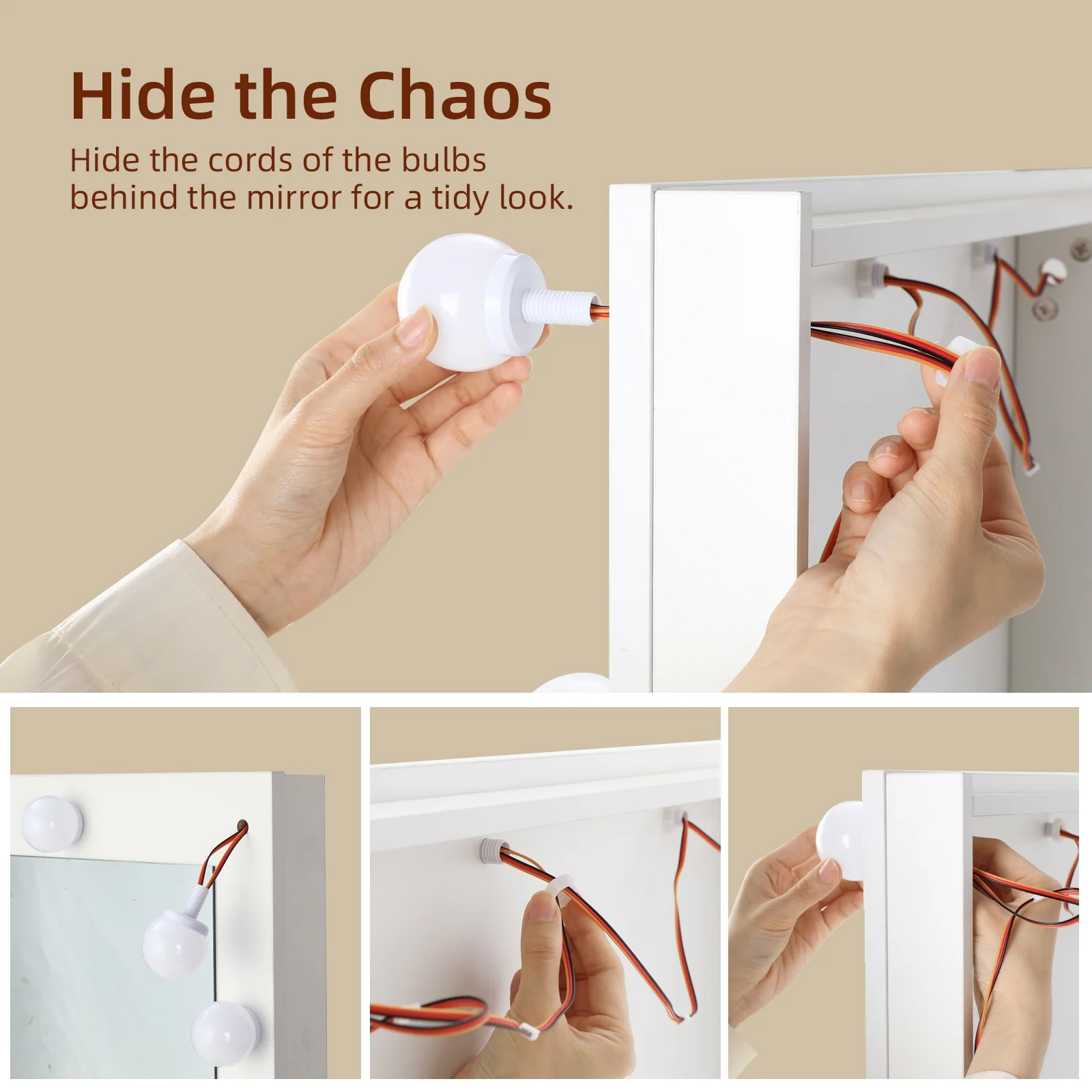 RichYa Modern Vanity Desk Makeup Table with Large LED Mirror and Power Outlet with 2 Sliding Storage White Marble