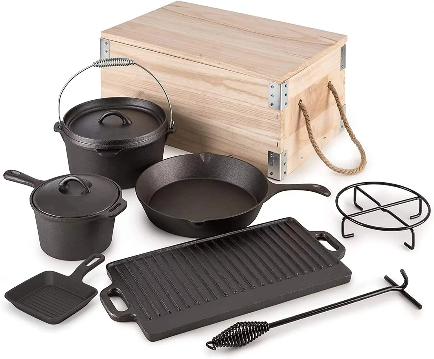 Piece Pre-Seasoned Dutch Oven Cooking Set Cast Iron Camping Cooking Set Kitchen Cookware Bakeware Set Skillets & Square Grill Pan w/Vintage Carrying Wood Box for Ourdoor Home Cooking