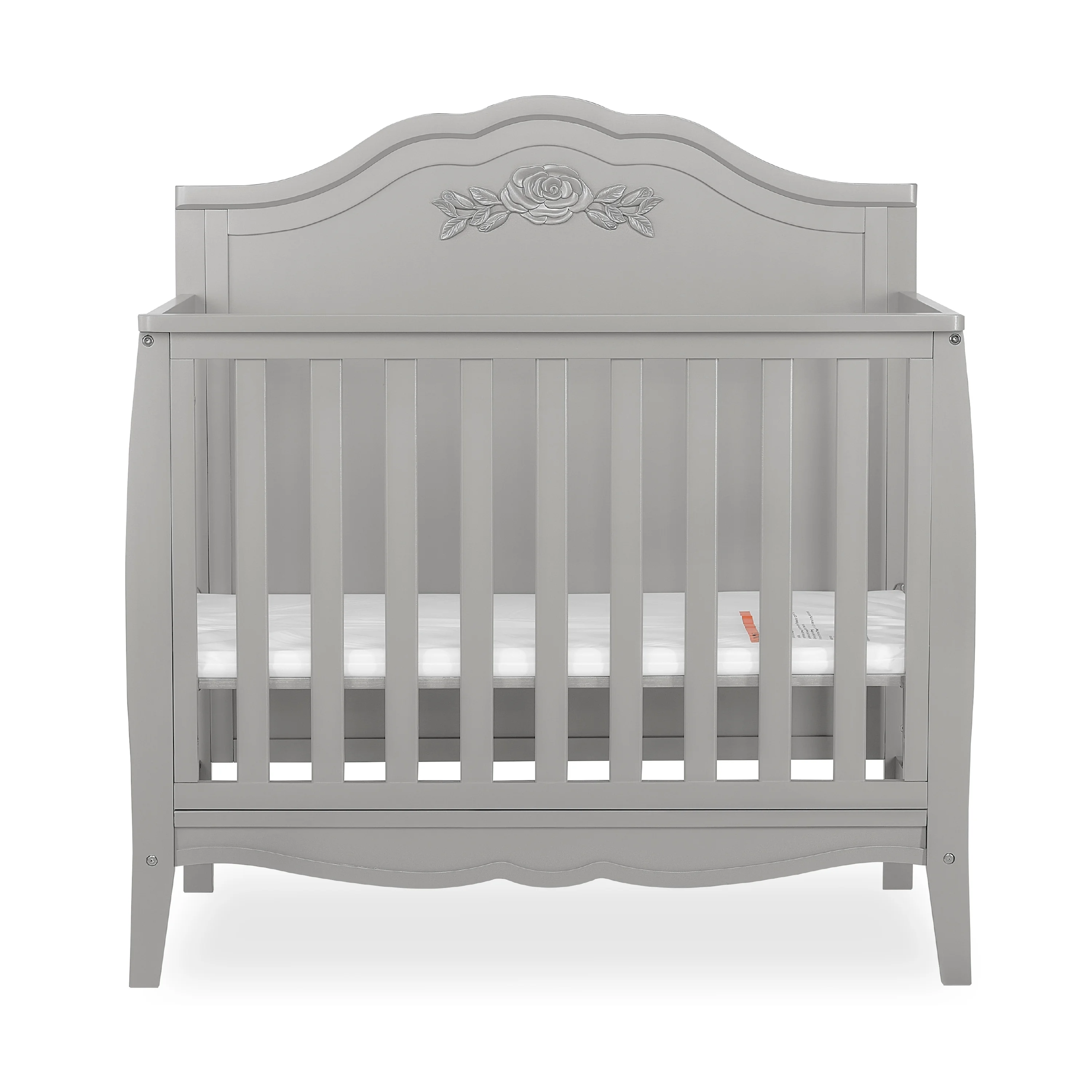 SweetPea Baby Rose 4-in-1 Convertible Mini Crib in Platinum, JPMA Certified Baby Crib, Non-Toxic Finish, New Zealand Pinewood, with 3 Mattress Height Settings Crib Platinum