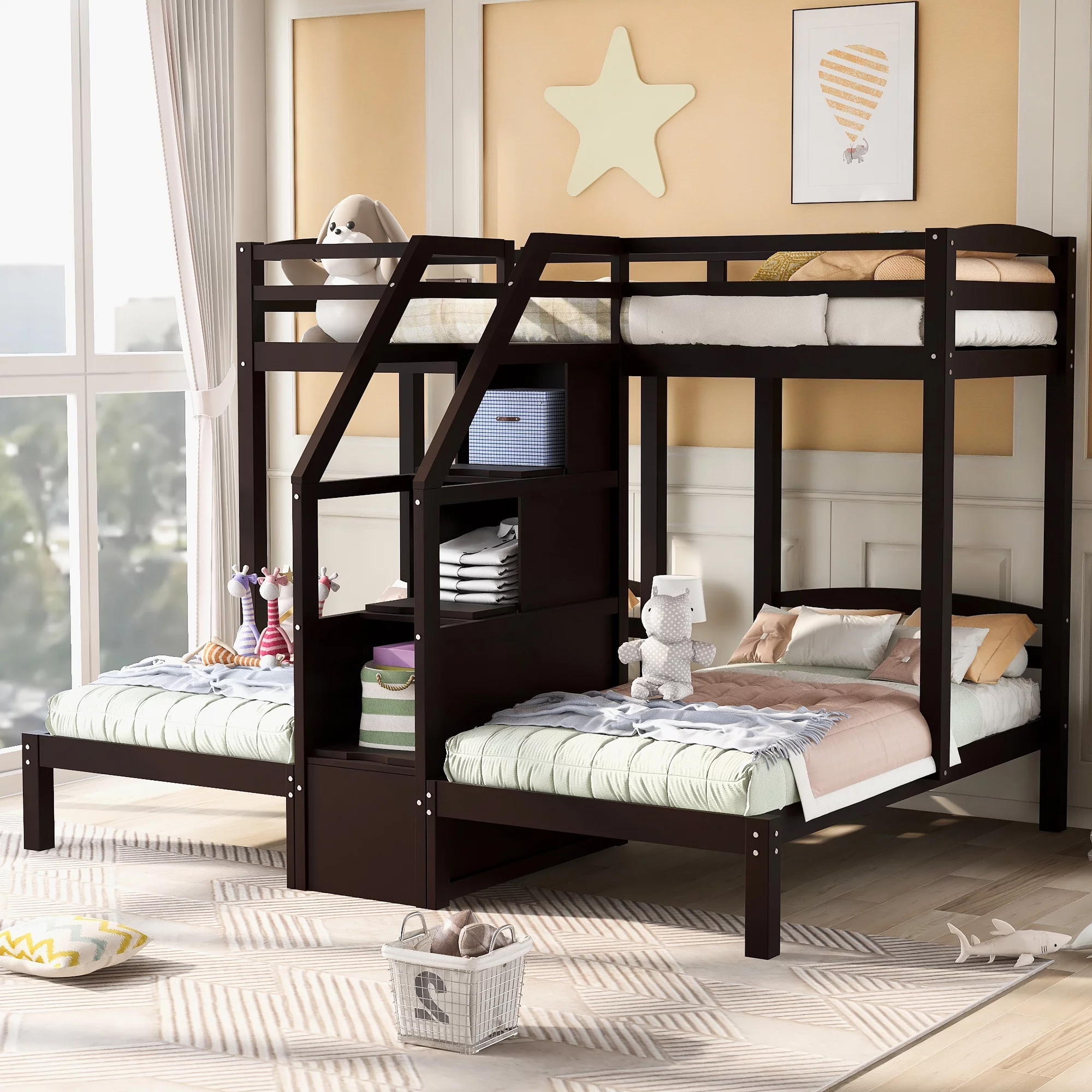 EUROCO Twin over Twin & Twin Bunk Bed with Staircase and Drawers for Kids Bedroom, 3-in-1 Bunk for More Kids, Storage Staircase, Espresso