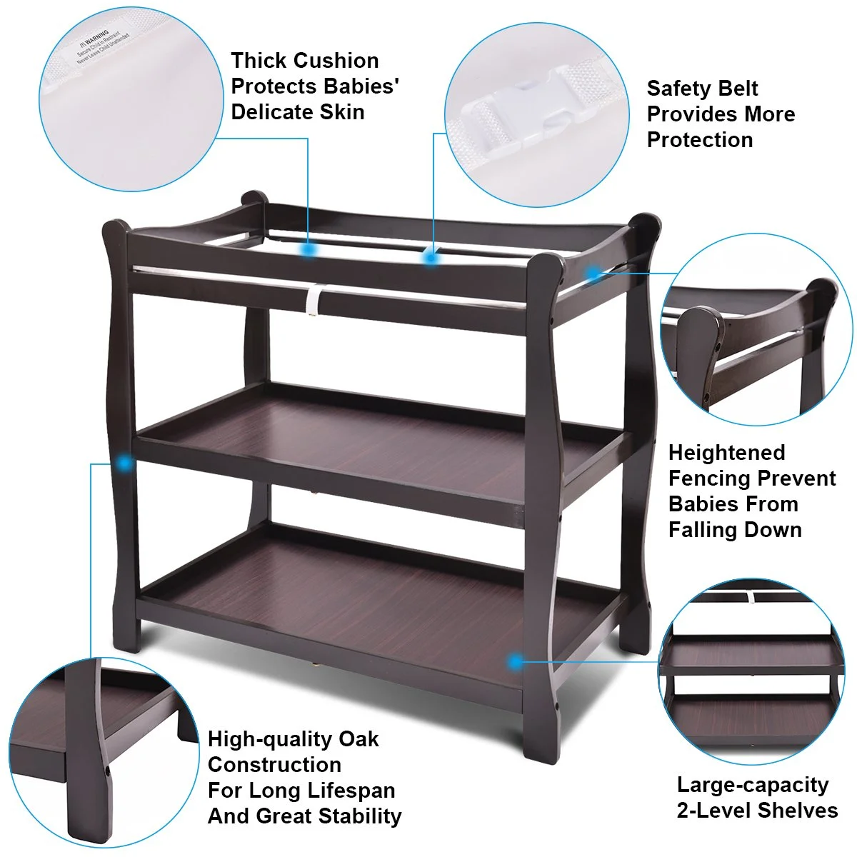 Baby Changing Table, Infant Diaper Changing Table Organization, Newborn Nursery Station with Pad, Sleigh Style Nursery Dresser Changing Table with Hamper/ 2 Fixed Shelves (Espresso)