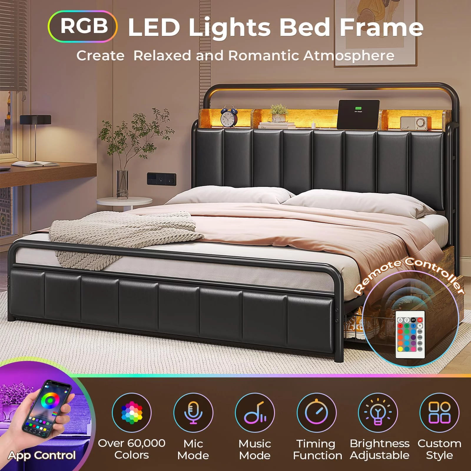 Queen Size Bed Frame with Storage Headboard & Hidden Storage Metal Platform LED Bed Frame with 4 Drawers & Charging Station,Upholstered Headboard,Noise-Free,Black