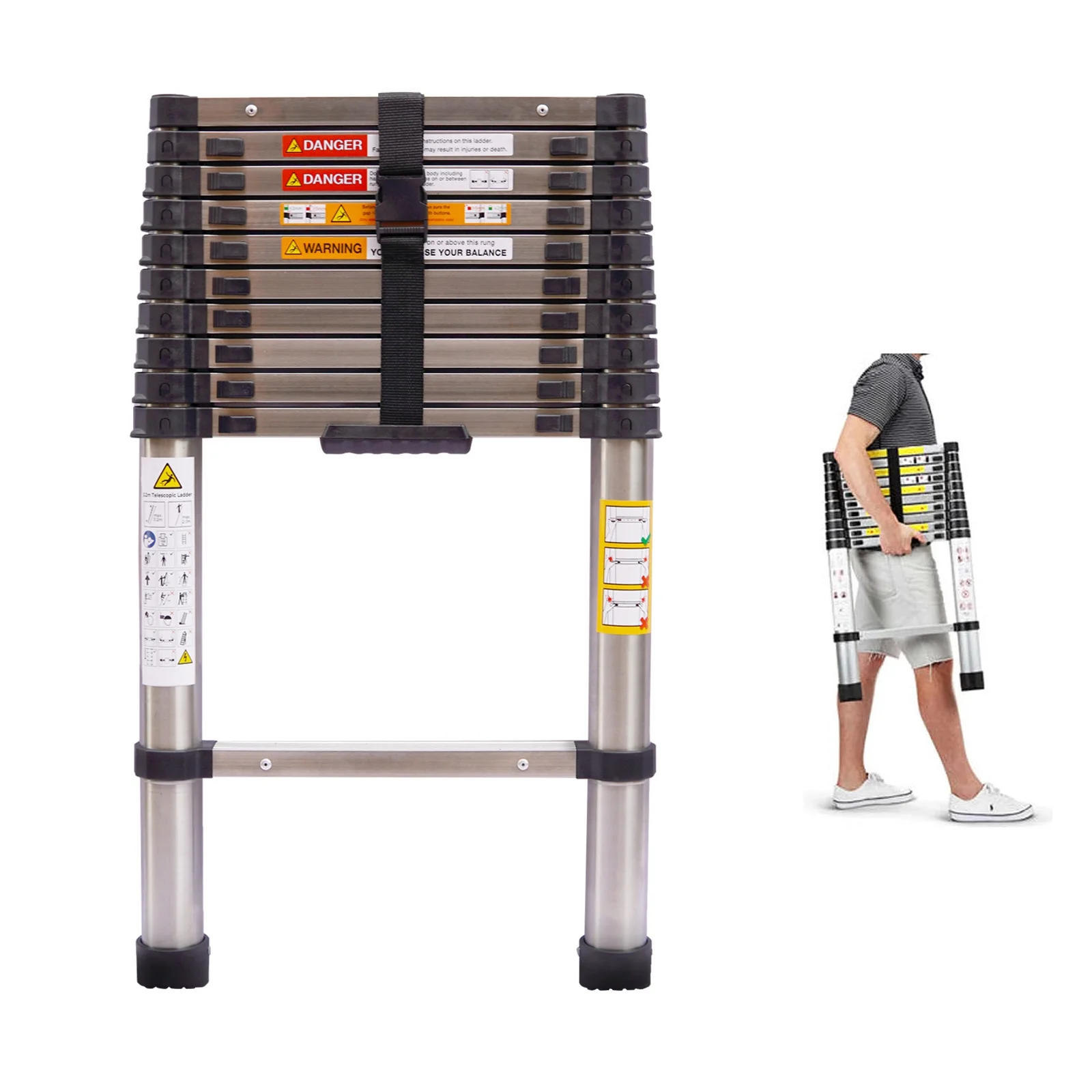 10.5ft Telescoping Ladder Stainless Steel Construction Portable Folding Extension Ladder for Home Office RV Attic Building Maintenance, 330lbs Load Capacity, EN131 Standard, with Slip-Proof Feet