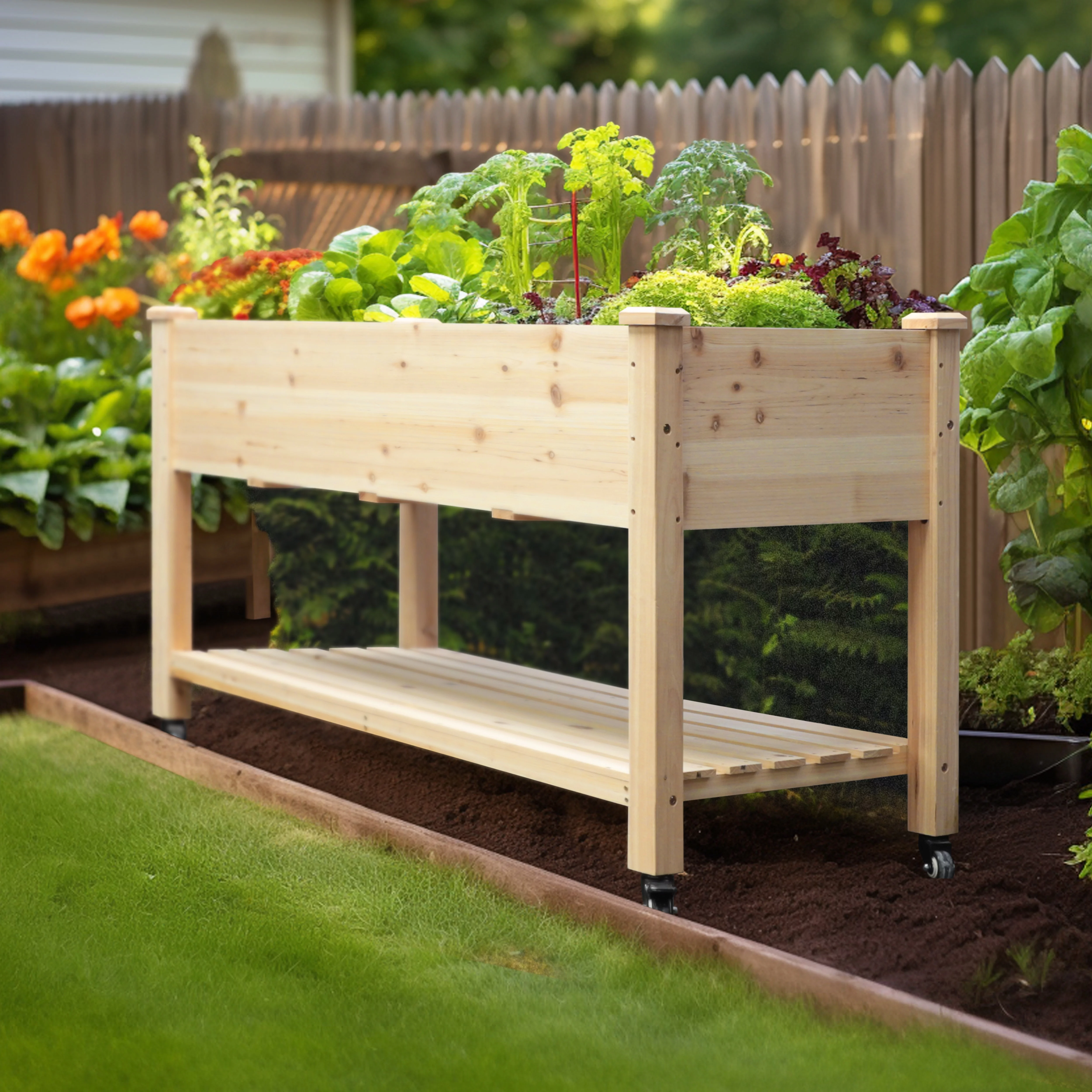 VEIKOUS Raised Garden Bed, 47''L x 22''W x 33''H Elevated Wood Planter W/ Wheels and Storage Shelf for Herbs and Vegetables