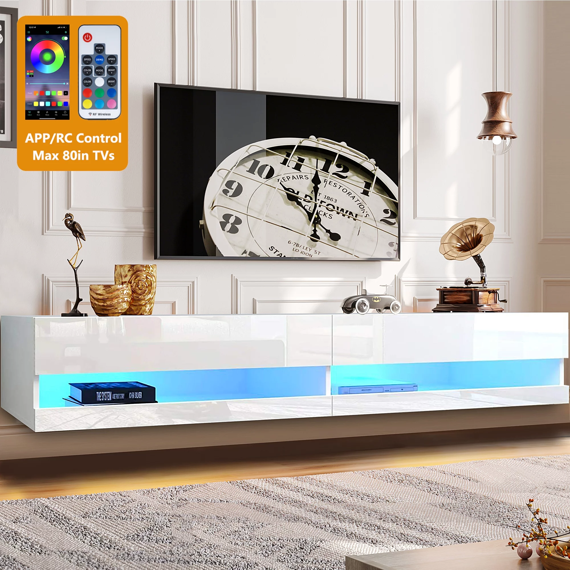 Floating TV Stand for 80 inch TVs, Paproos 71in Long LED Floating TV Cabinet, High Gloss Floating Entertainment Center with APP/Remote Control, Media Console Cabinet Living Room, White