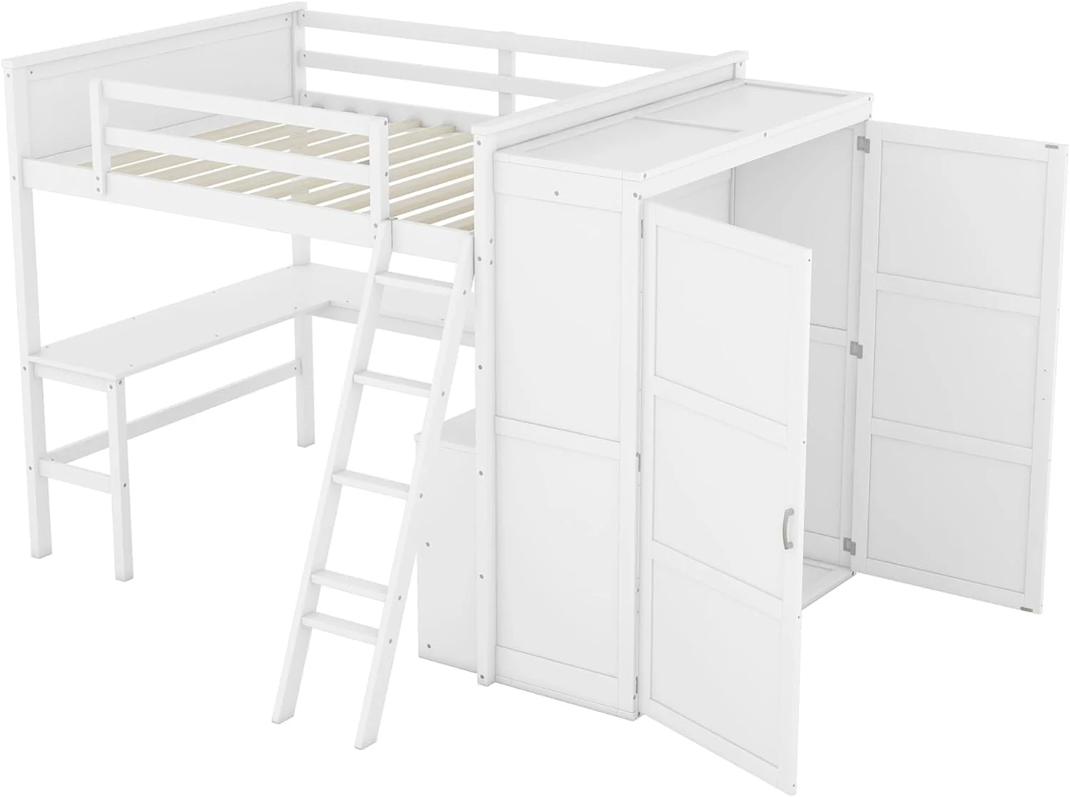 Full Size Loft Bed With Desk, Woode Full Loft Bed Frame With Shelves Ad Wardrobe, White