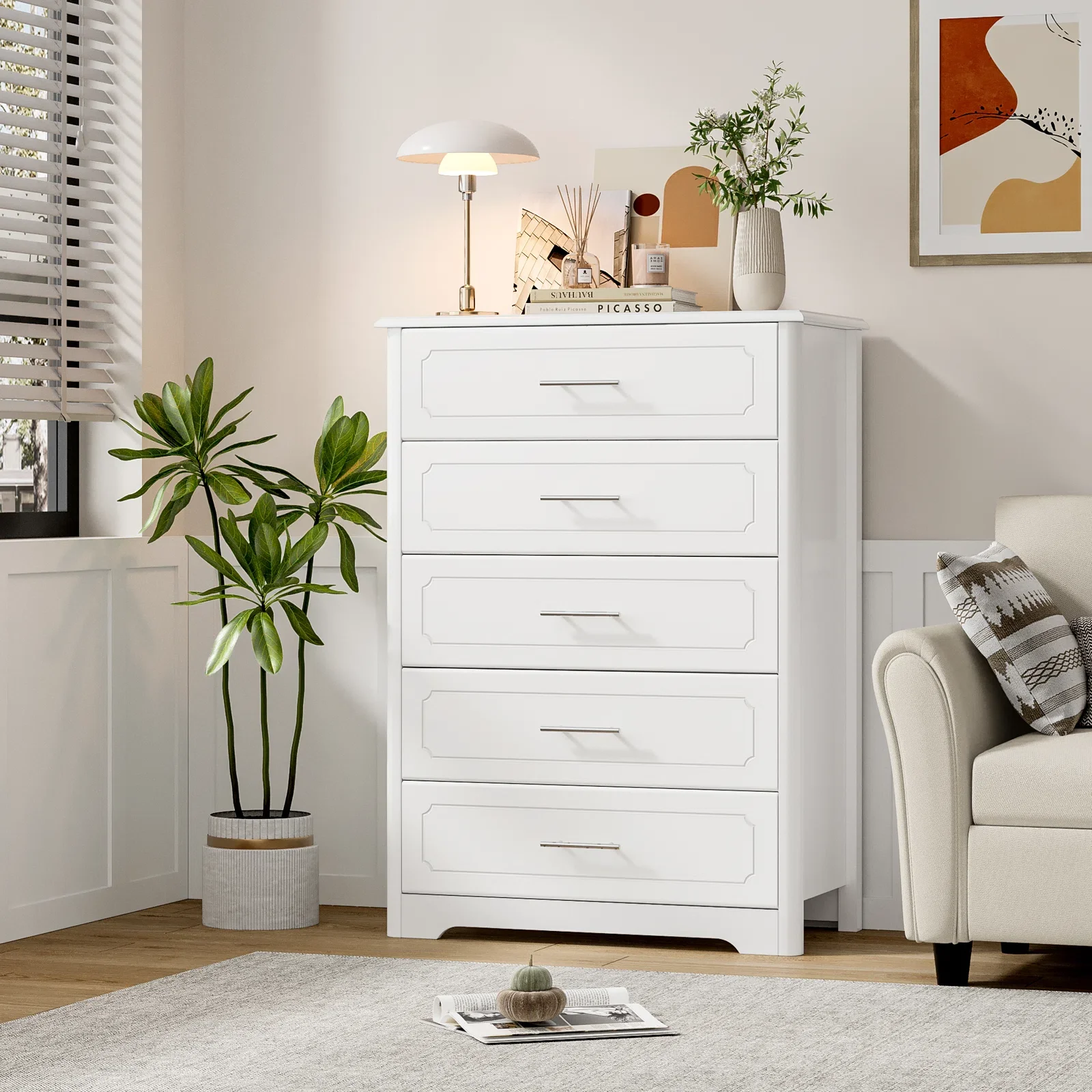Homfa 5 Drawer White Dresser, Tall Nightstand Wooden Storage Cabinet with Metal Handles for Bedroom Living Room