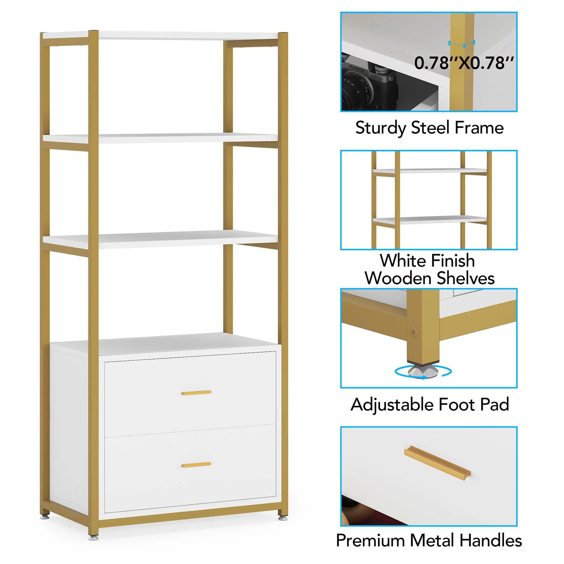 Tribesigns Bookcase, 4-Tier Bookshelf with 2 Drawers for Home Office (Gold/White)