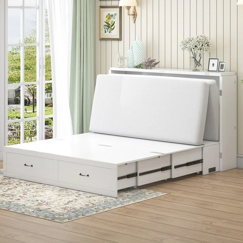 Mixoy Murphy Bed with Mattress,Foldable Space-Saving Cube Cabinet Bed White - Queen