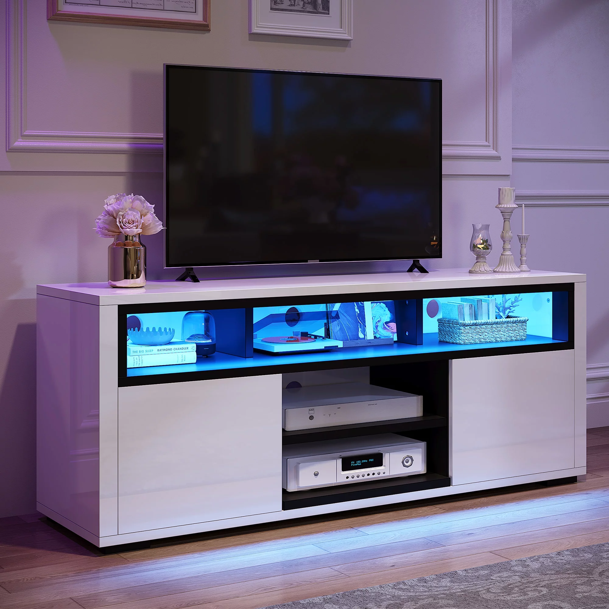 Dextrus High Gloss TV Stand with LED Ambient Lights, Modern TV Stand with Open Shelf Storage Cabinet for 62 inch TV, White
