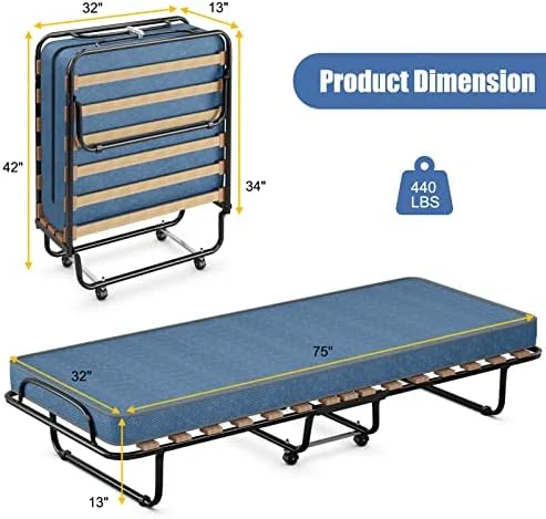 YZboomLife Folding Rollaway Bed with Mattress  Foldable Bed with Memory Foam Mattress for Adults  Portable Fold Up Guest Bed with Sturdy Steel Frame on Wheels for Home & Office  Made