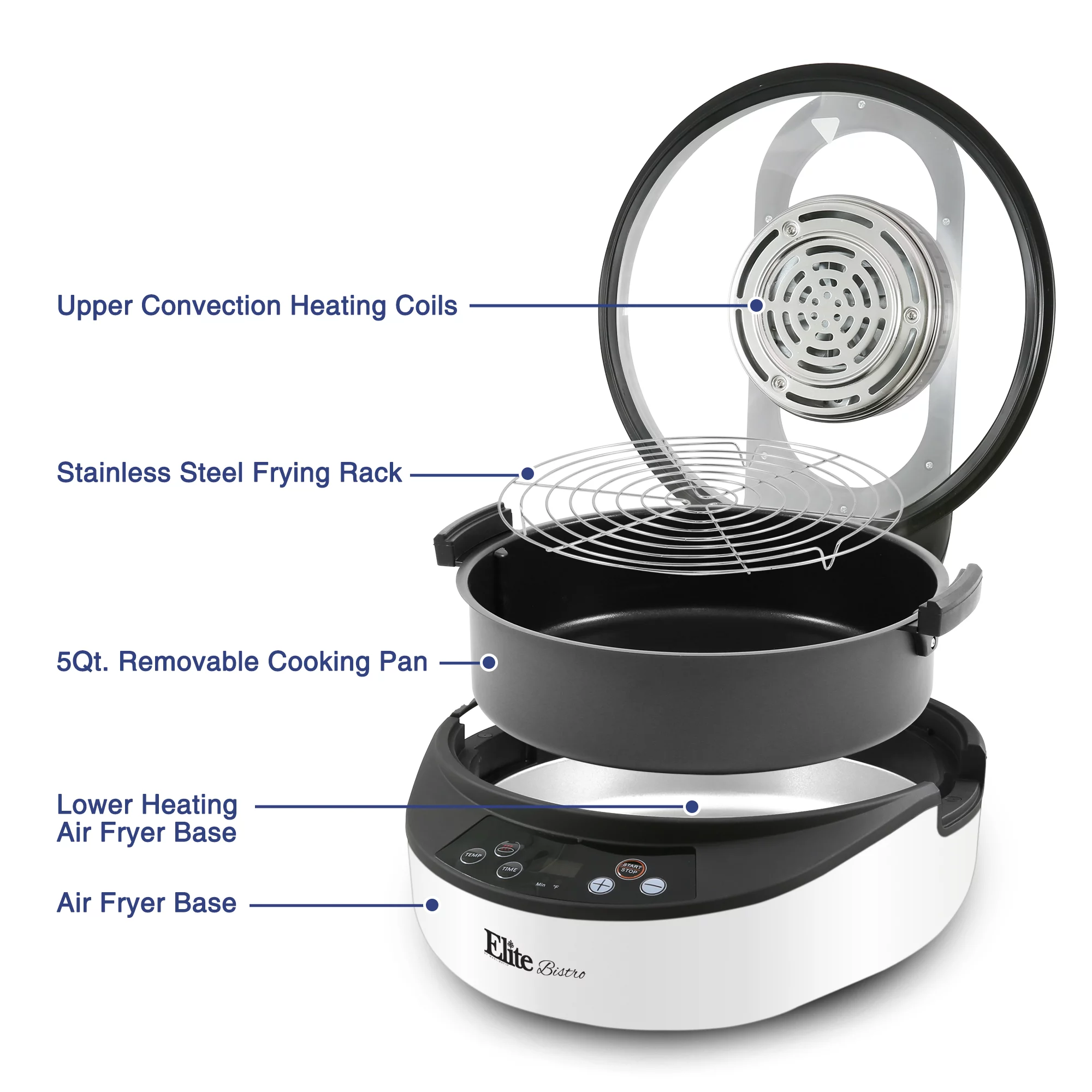 Elite Gourmet EAF5002W Clamshell Air Fryer Dual Heating Oil-Less Healthy Cooker with 5Qt. Capacity,1500-Watts, White