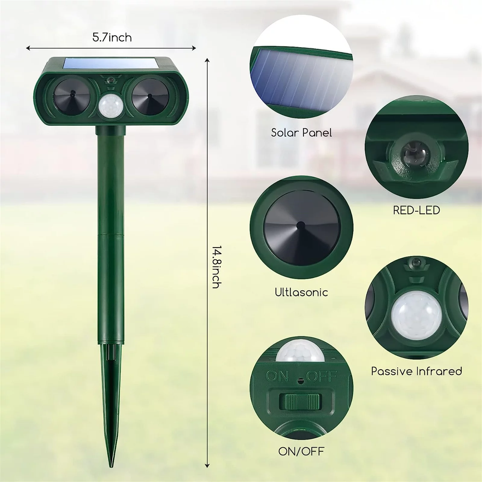 4 Pack Ultrasonic Repellent Solar Animal Repeller Outdoor Waterproof with Motion Sensor Red Light Deterrent for Raccoon Rabbit Coyote Squirrel Deer Cat Dog Skunk Fox Etc