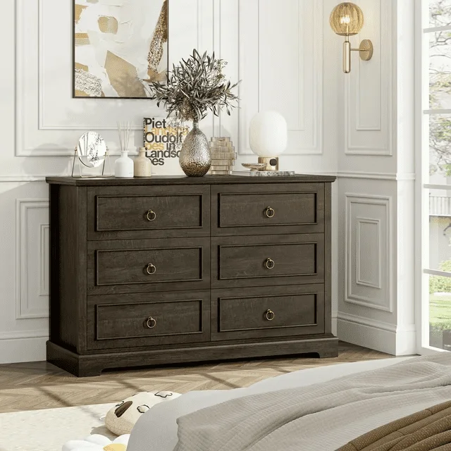 Homfa Double Dresser with 6 Drawers, 47'' Wide Chest of Drawers for Bedroom, Storage Cabinet for Living Room, Dark Brown