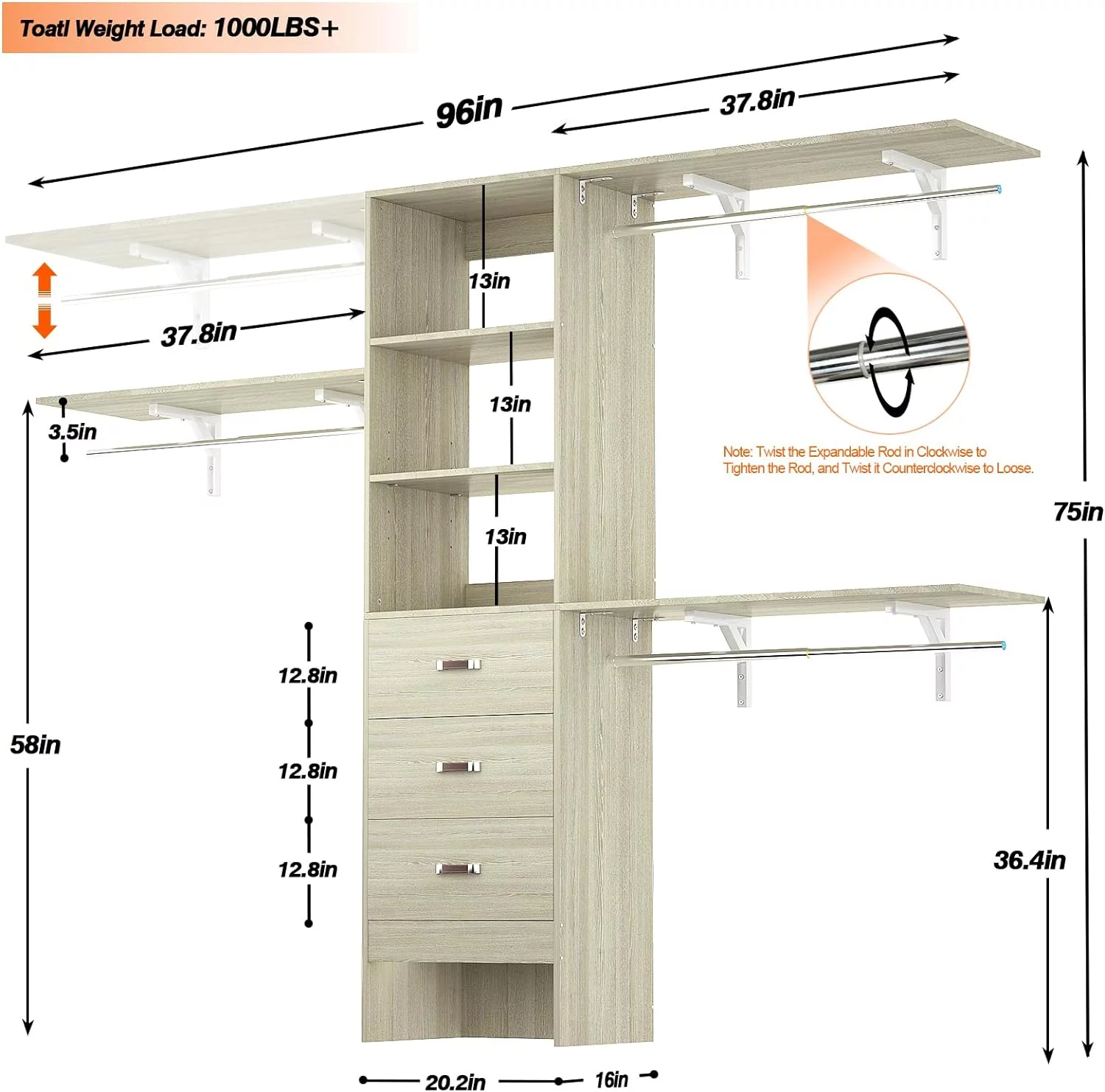 Homieasy 96 Inches Closet System, 8FT Walk In Closet Organizer with 3 Shelving Tower, Heavy Duty Clothes Rack with 3 Drawers, Built-In Garment Rack, 96