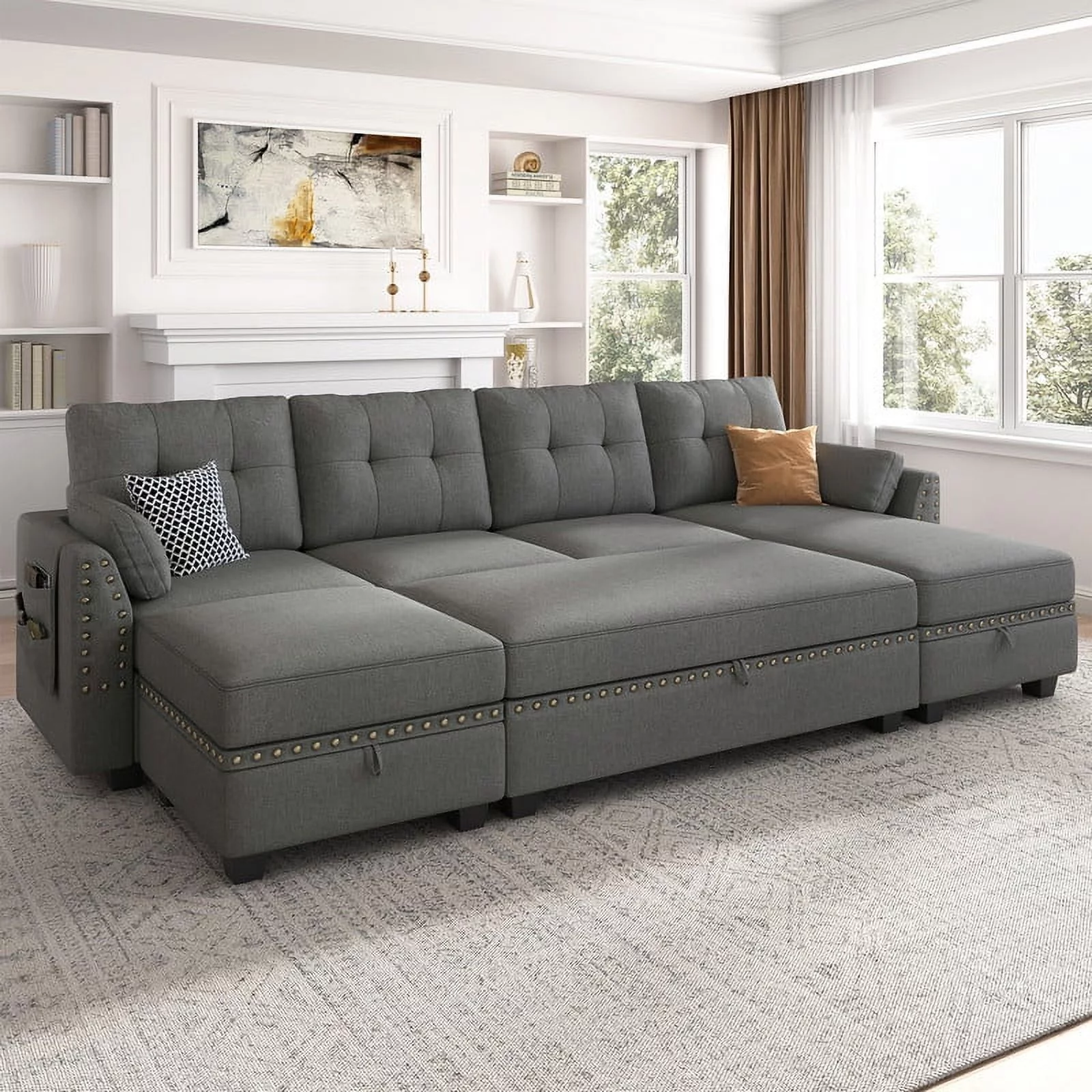 HONBAY Convertible Modern Reversible Sleeper Sectional Sofa Sets with Storage for Living Room and Apartment, Grey