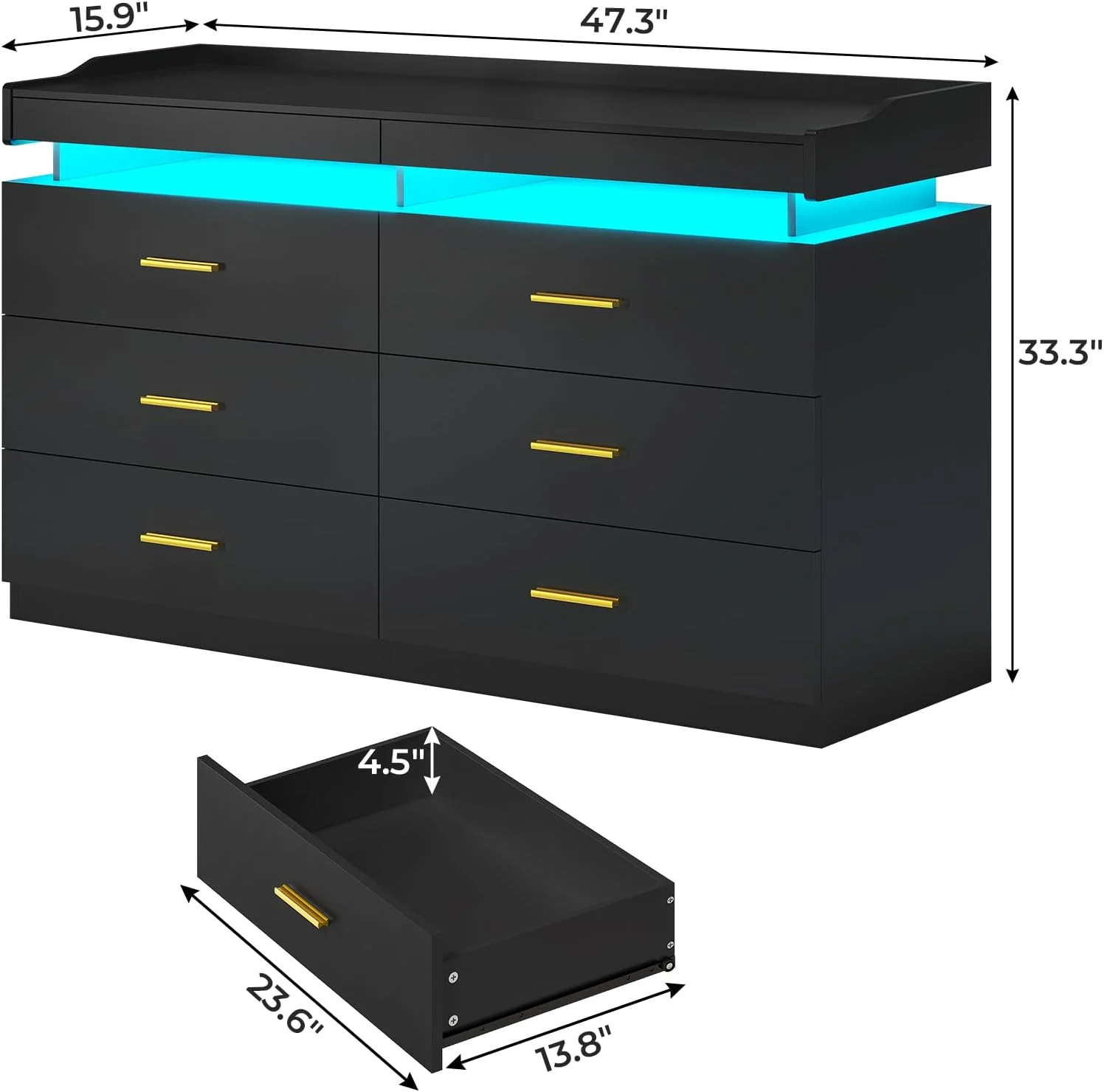 LED Dresser Black Chest of Drawers for Bedroom with 6 Drawers, Double Dresser with Pull-Out Trays for Living Room Entryway