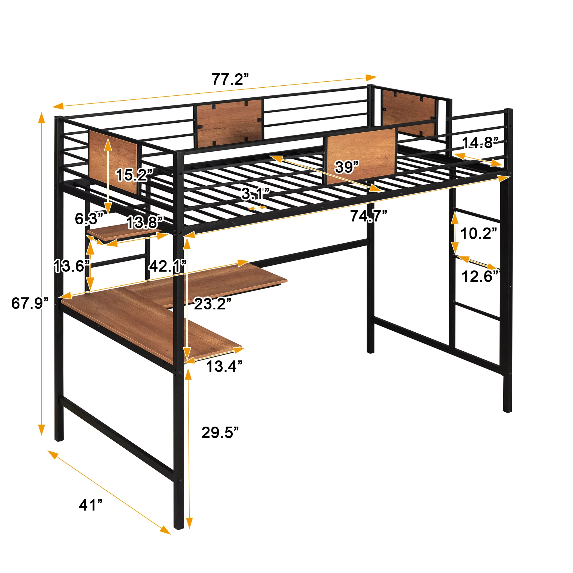 Bellemave Twin Metal Loft Bed with L-Shape Desk and Shelve,Sturdy Metal Loft Bed Frame with Guardrail for Kids,Teens, Black