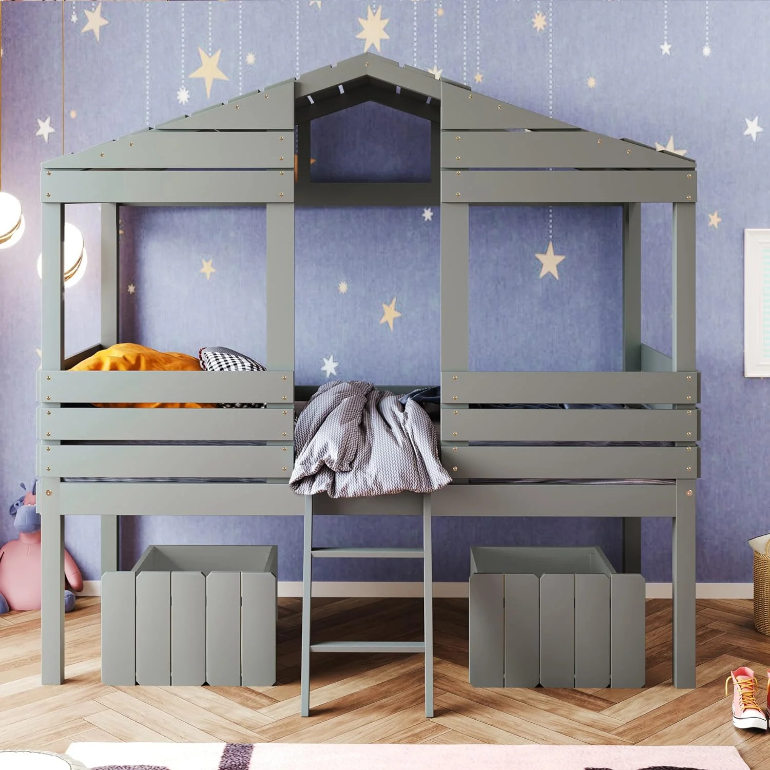House Loft Bed For Kids,Wood House Loft Bed With Storage Drawers And Ladder, Low Loft Bedframe, Bedroom Furniture For Kids/Boys/Girls (Gray)