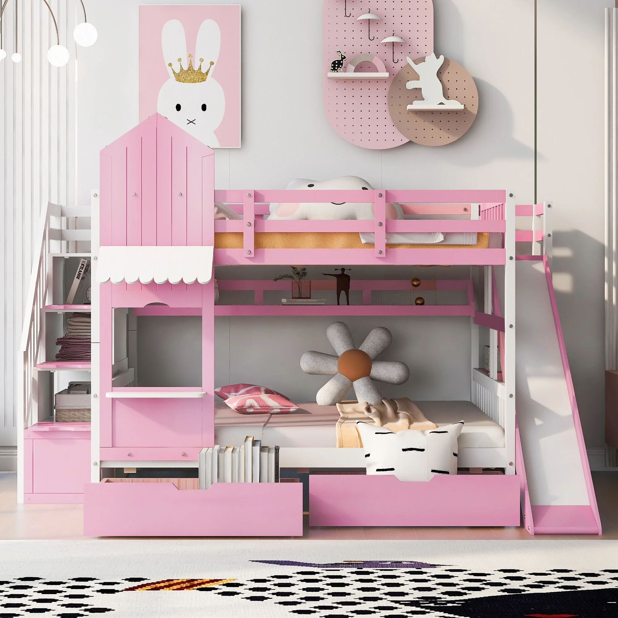 Castle Style Bunk Bed with 2 Drawers, 3 Shelves and Slide Pink - Full
