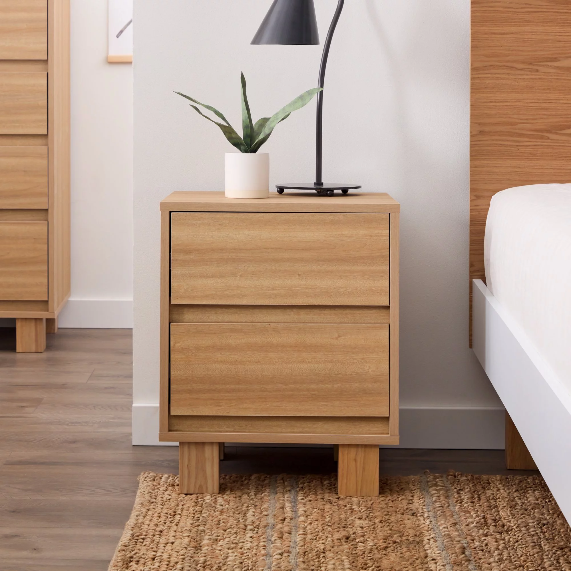 Rest Haven Modern Wood 2-Drawer Nightstand with Square Legs, Light Oak