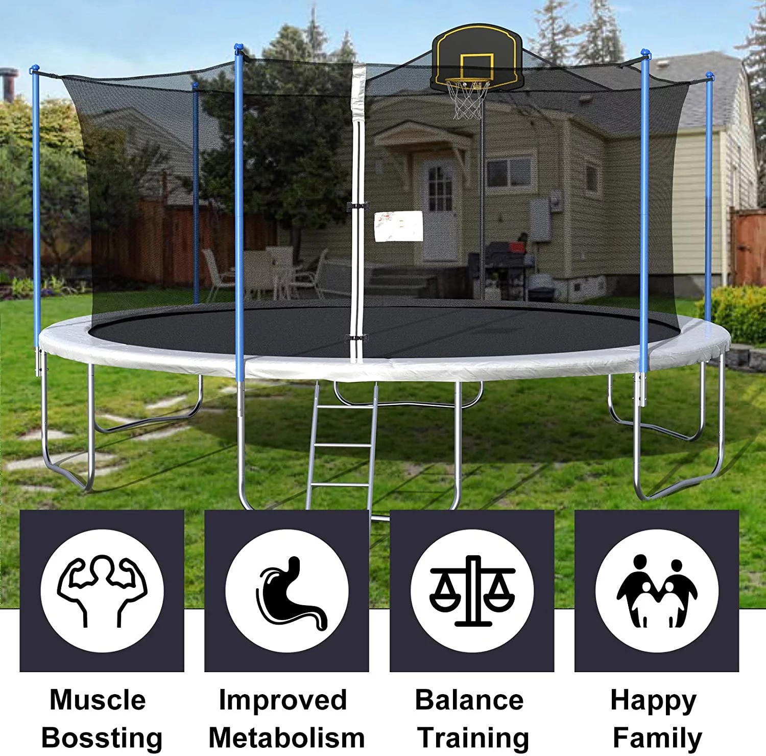 MOBICIA 1000LBS Tranpoline for Adults and Kids, 16FT Large Tranpoline with Safety Enclosure Net, Basketball Hoop and Ladder, Spring Pad Mat, Capacity for 6-8 Kids  Gray