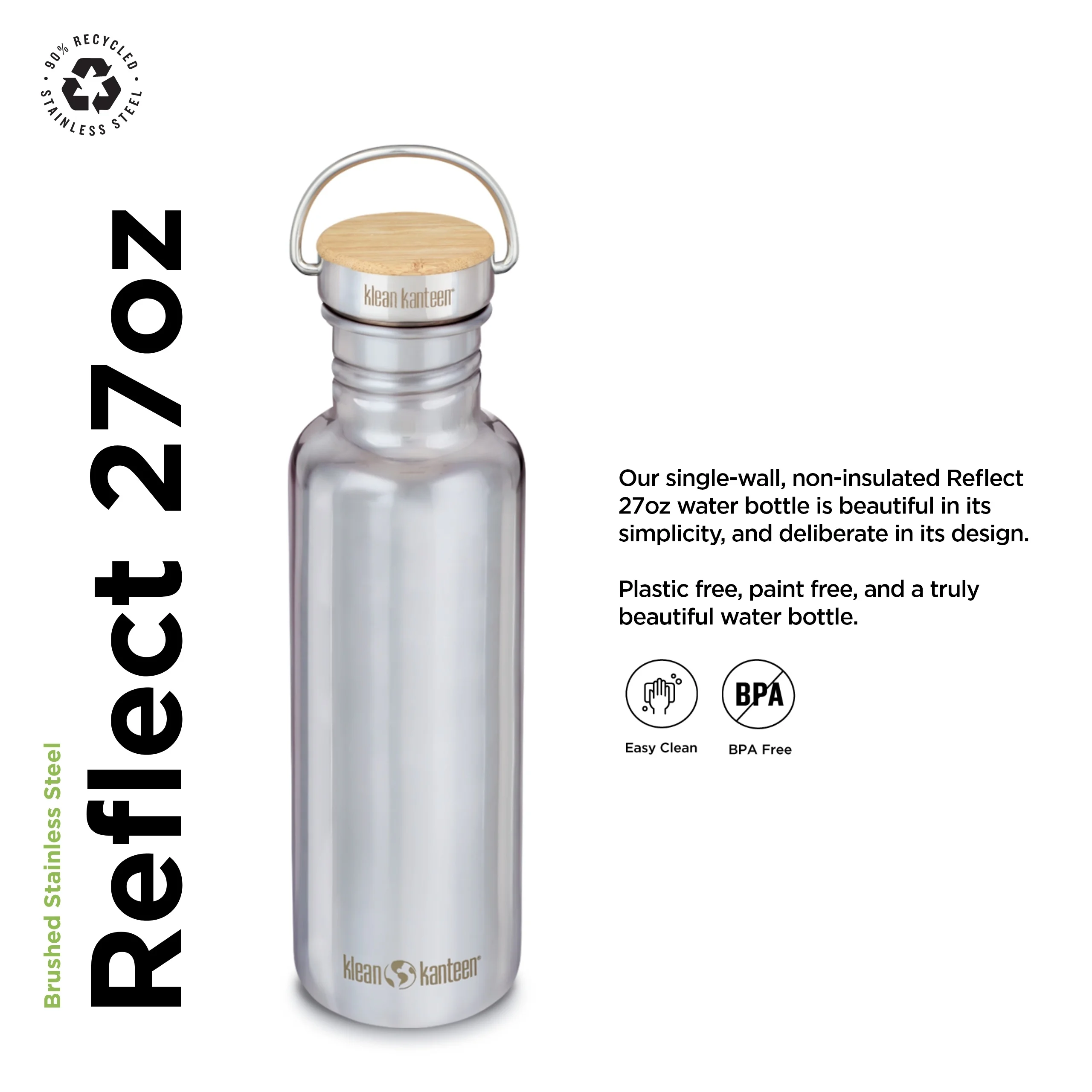 Klean Kanteen Reflect Water Bottle with Bamboo Cap - Reusable, Stainless Steel Water Bottle for Men and Women - 27 Oz, Brushed Stainless Steel