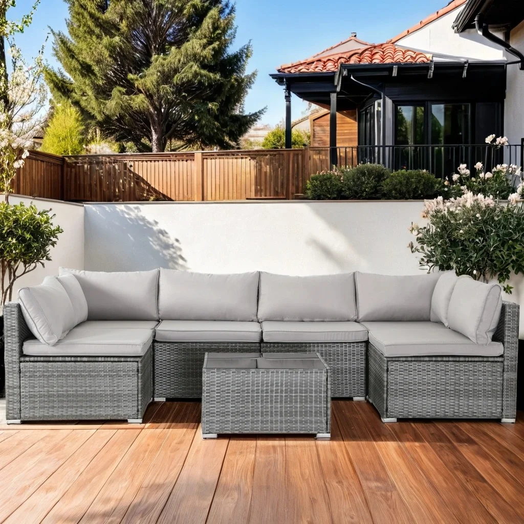 7 Pieces Outdoor Patio Furniture Set, PE Wicker Patio Conversation Set Outdoor Sectional Rattan Sofa with Cushion, Glass Table,Grey