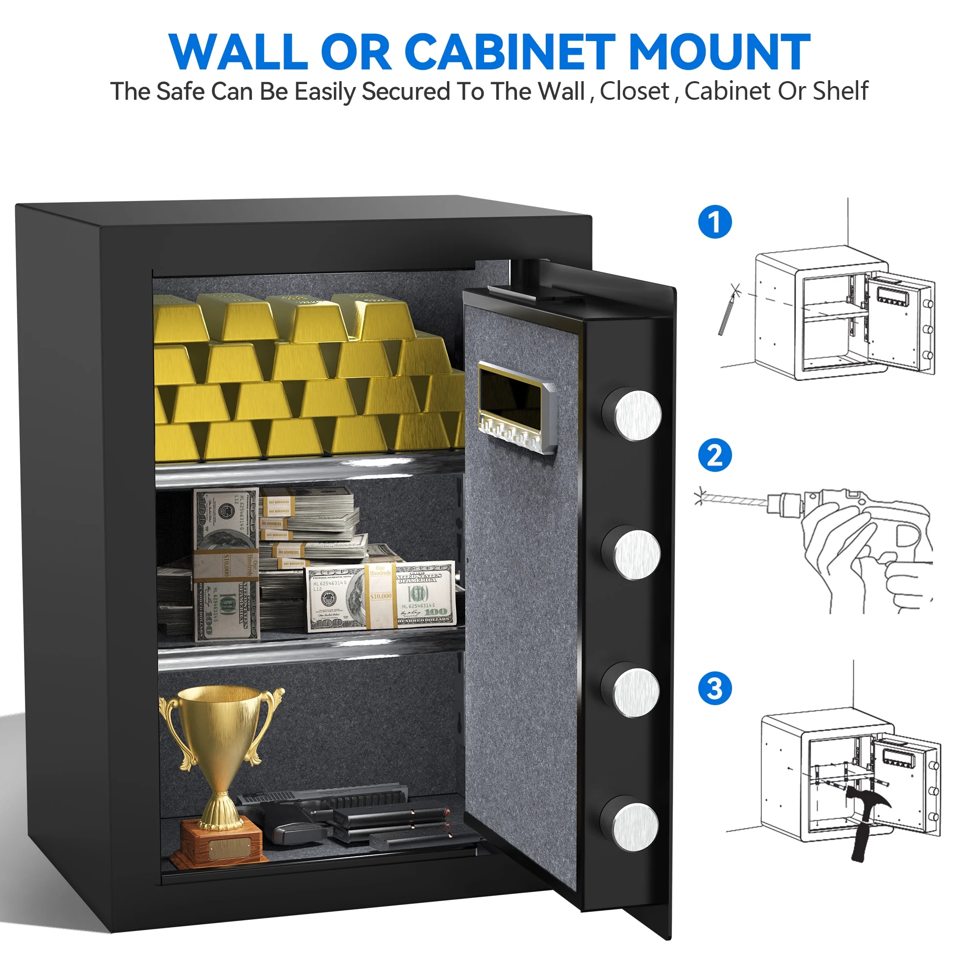 Dextrus Security Safe Box, 2.5 CU.FT Safe Box with Digital Keypad,Fireproof Bag and Adjustable Shelf for Storing Cash, Jewelry, Pistols, Documents in Home & Office & Hotel,15.75